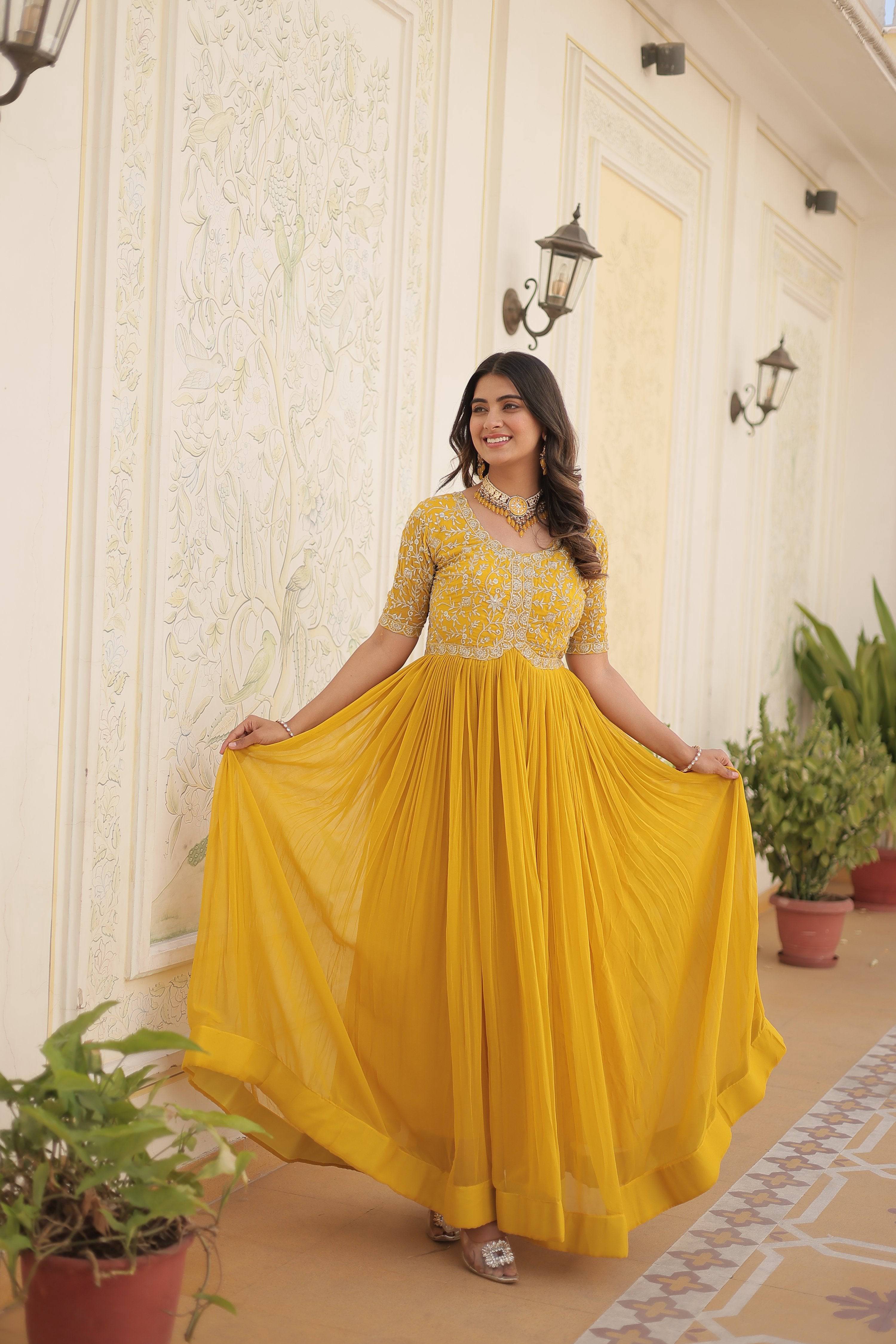 Yellow Faux Blooming Sequins & Zari Embroidered Long Anarkali Dress