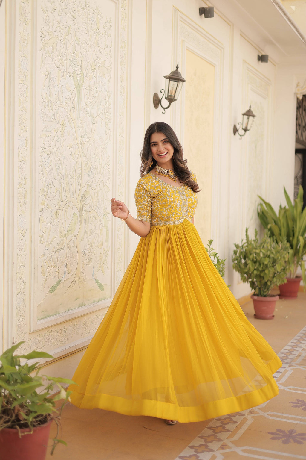 Yellow Faux Blooming Sequins & Zari Embroidered Long Anarkali Dress