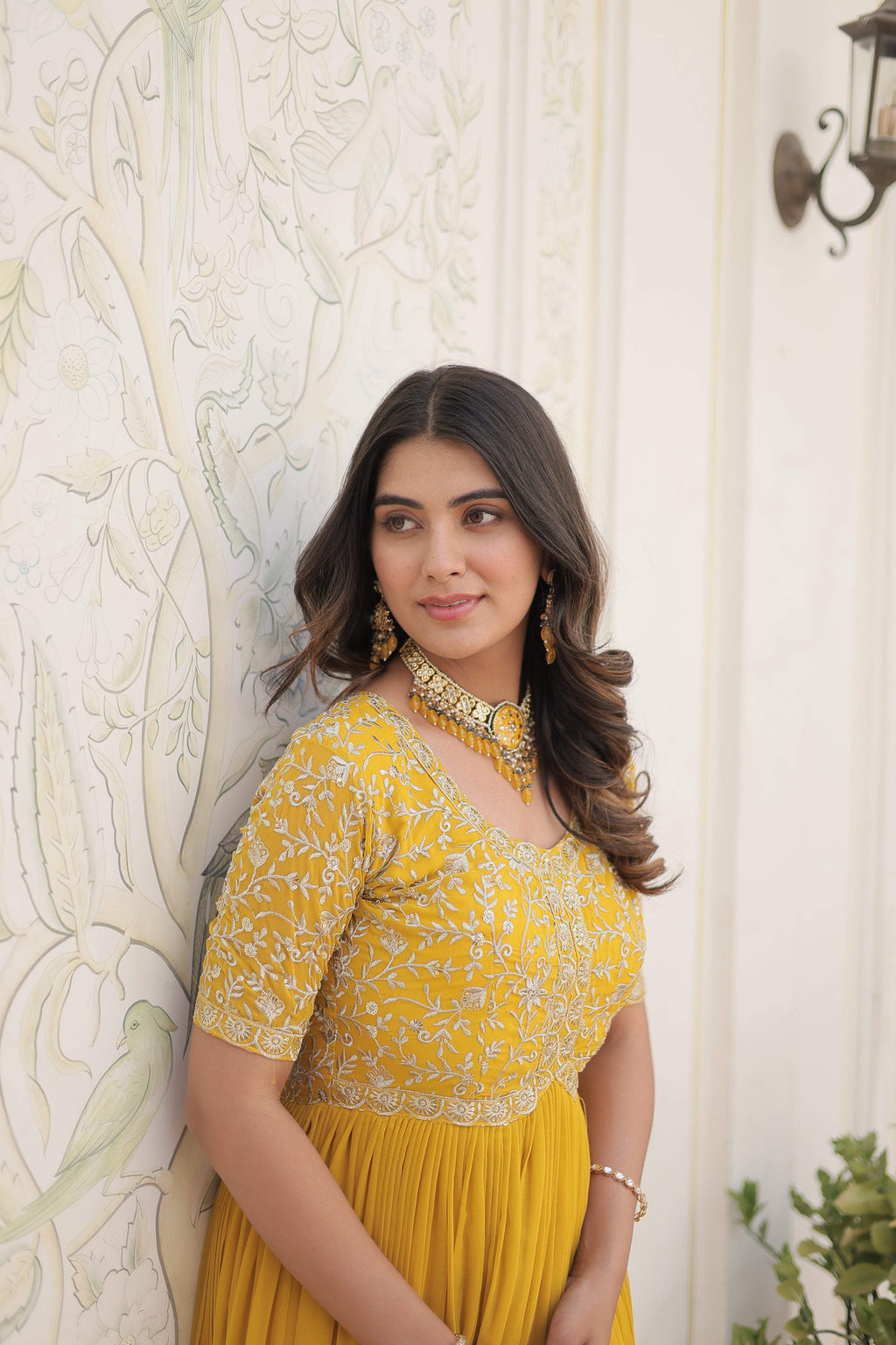 Yellow Faux Blooming Sequins & Zari Embroidered Long Anarkali Dress