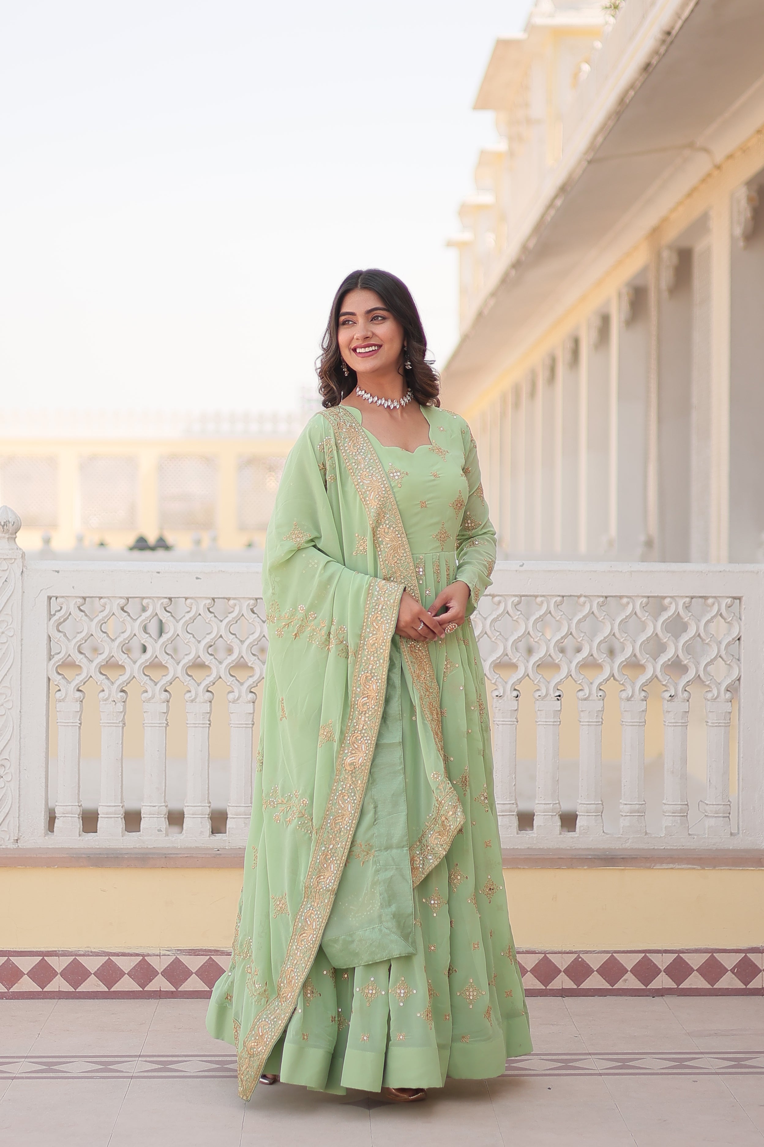 Jyoti Fashion Women's Pista Green Faux Georgette Sequins with Zari Embroidered Anarkali Kurta with Dupatta