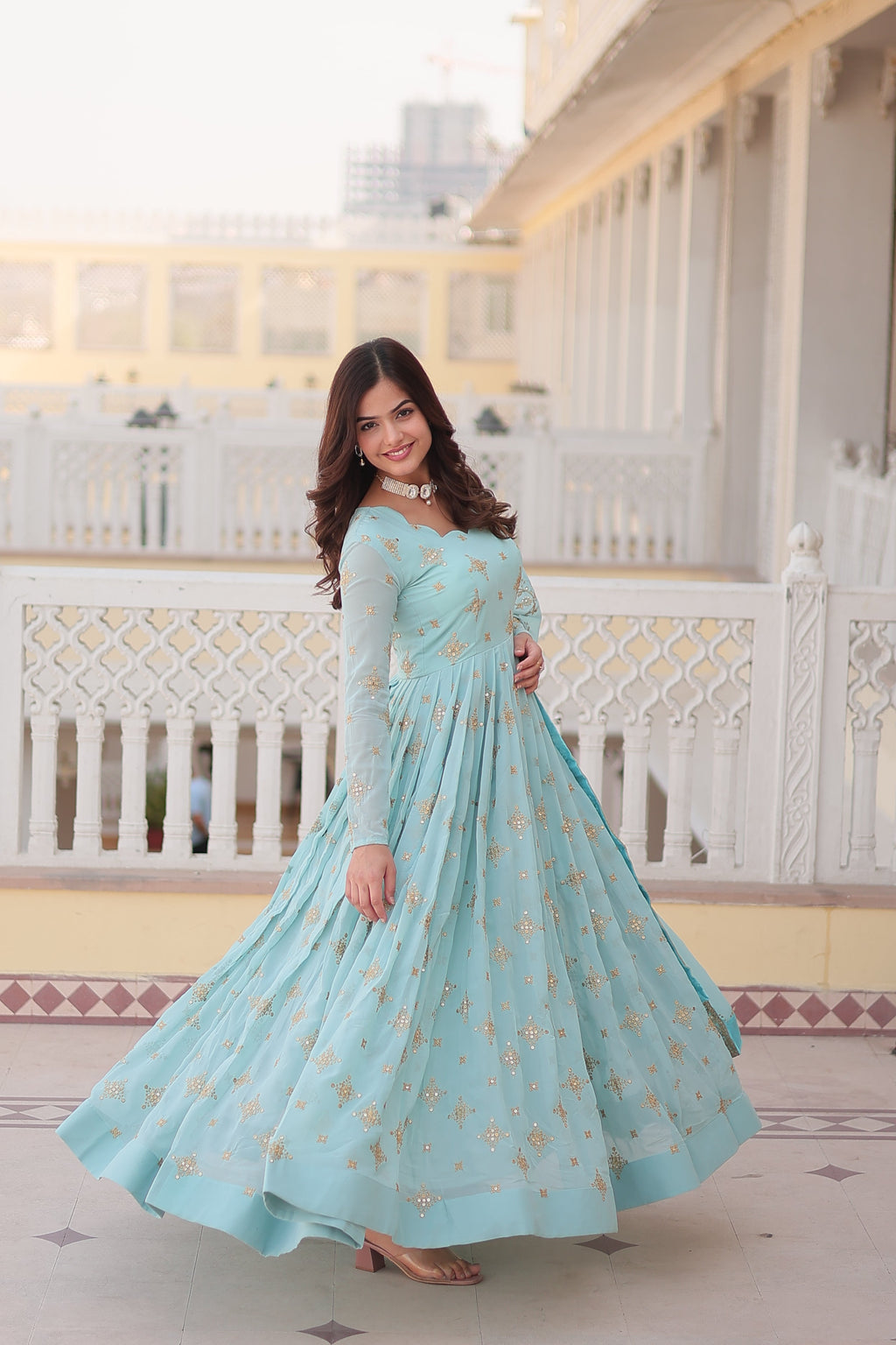 Sky Blue Faux Georgette Anarkali Kurta with Sequins and Zari Work