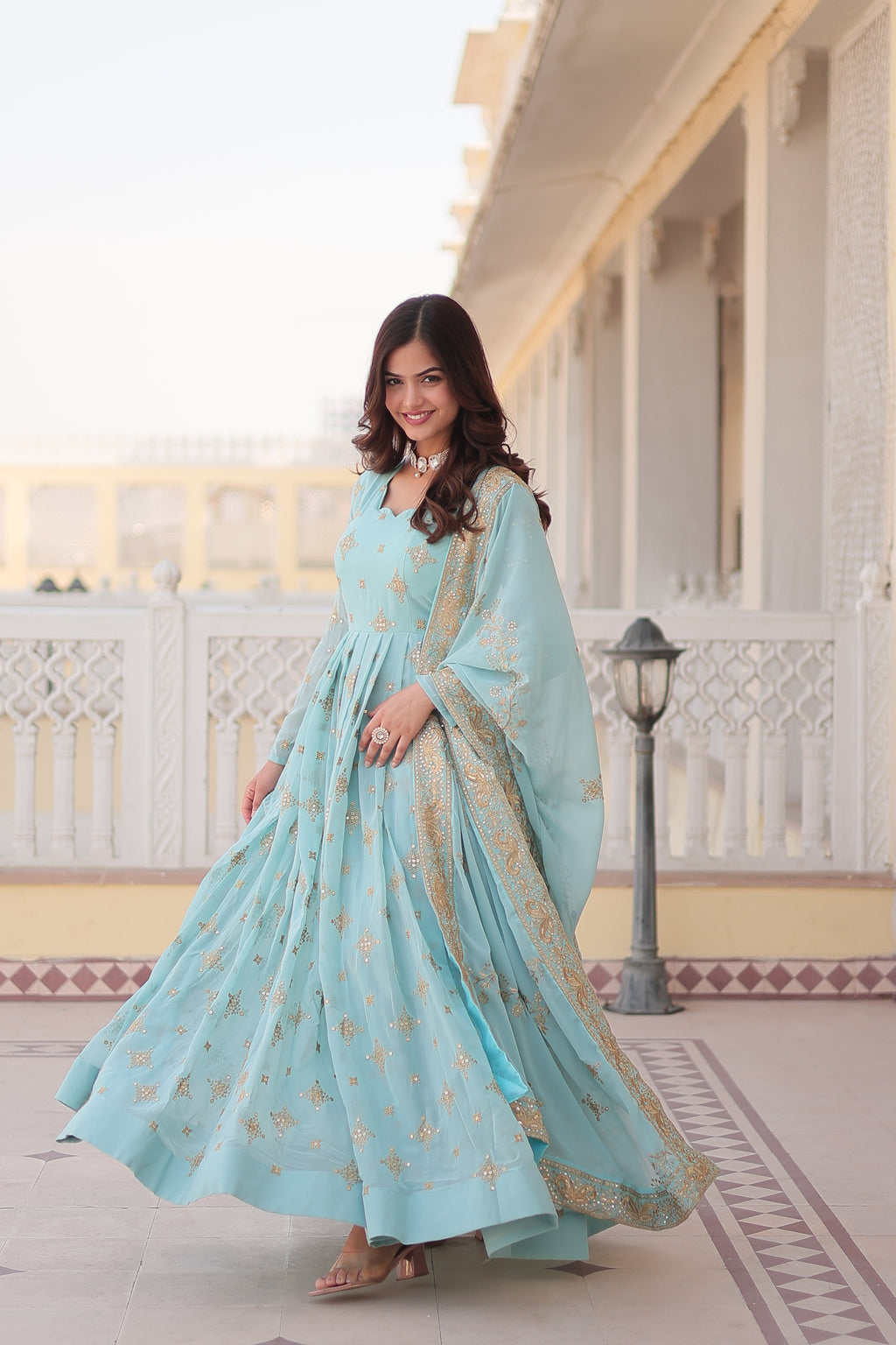 Sky Blue Faux Georgette Anarkali Kurta with Sequins and Zari Work