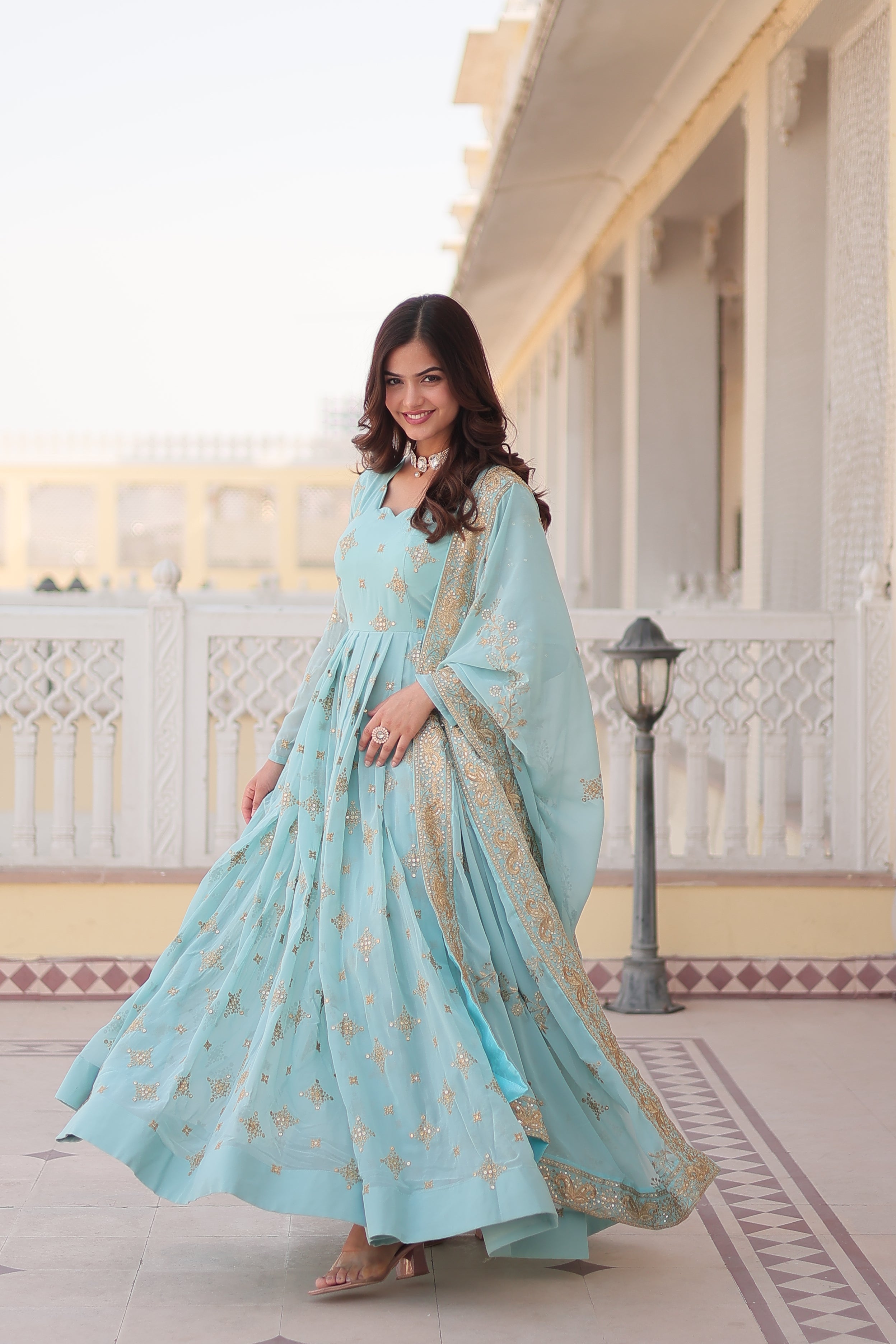 Sky Blue Faux Georgette Anarkali Kurta with Sequins and Zari Work
