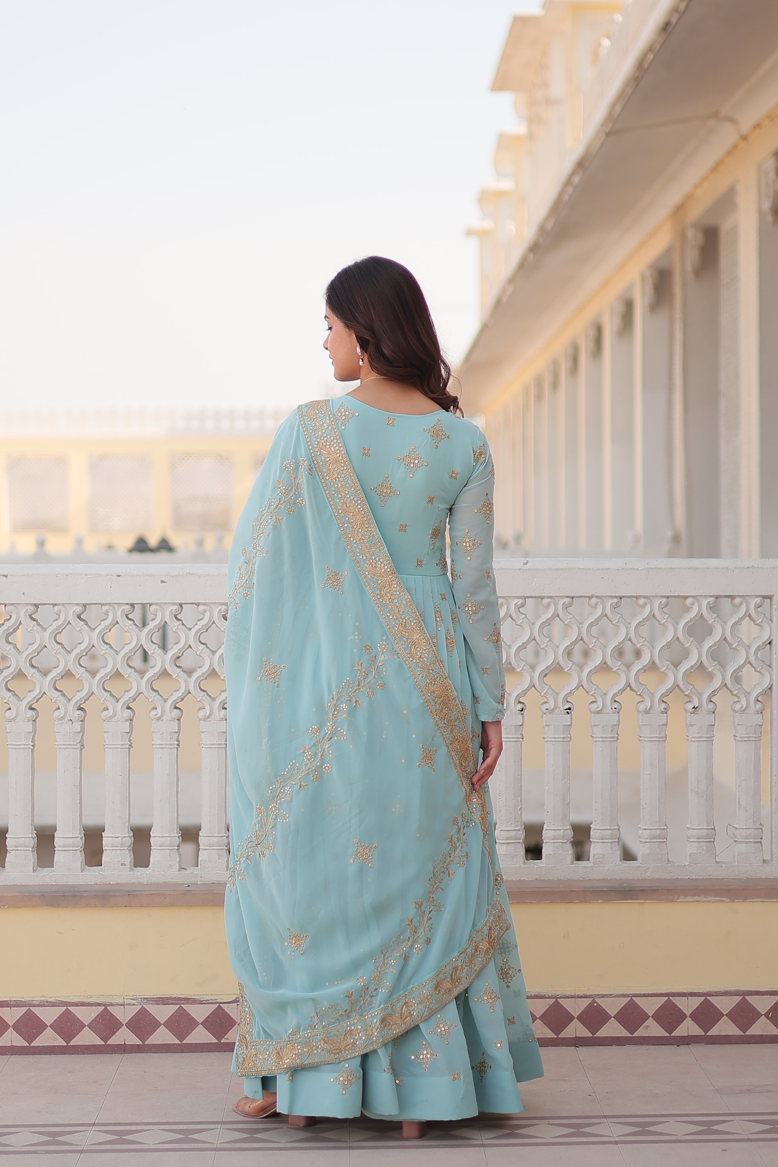 Sky Blue Faux Georgette Anarkali Kurta with Sequins and Zari Work