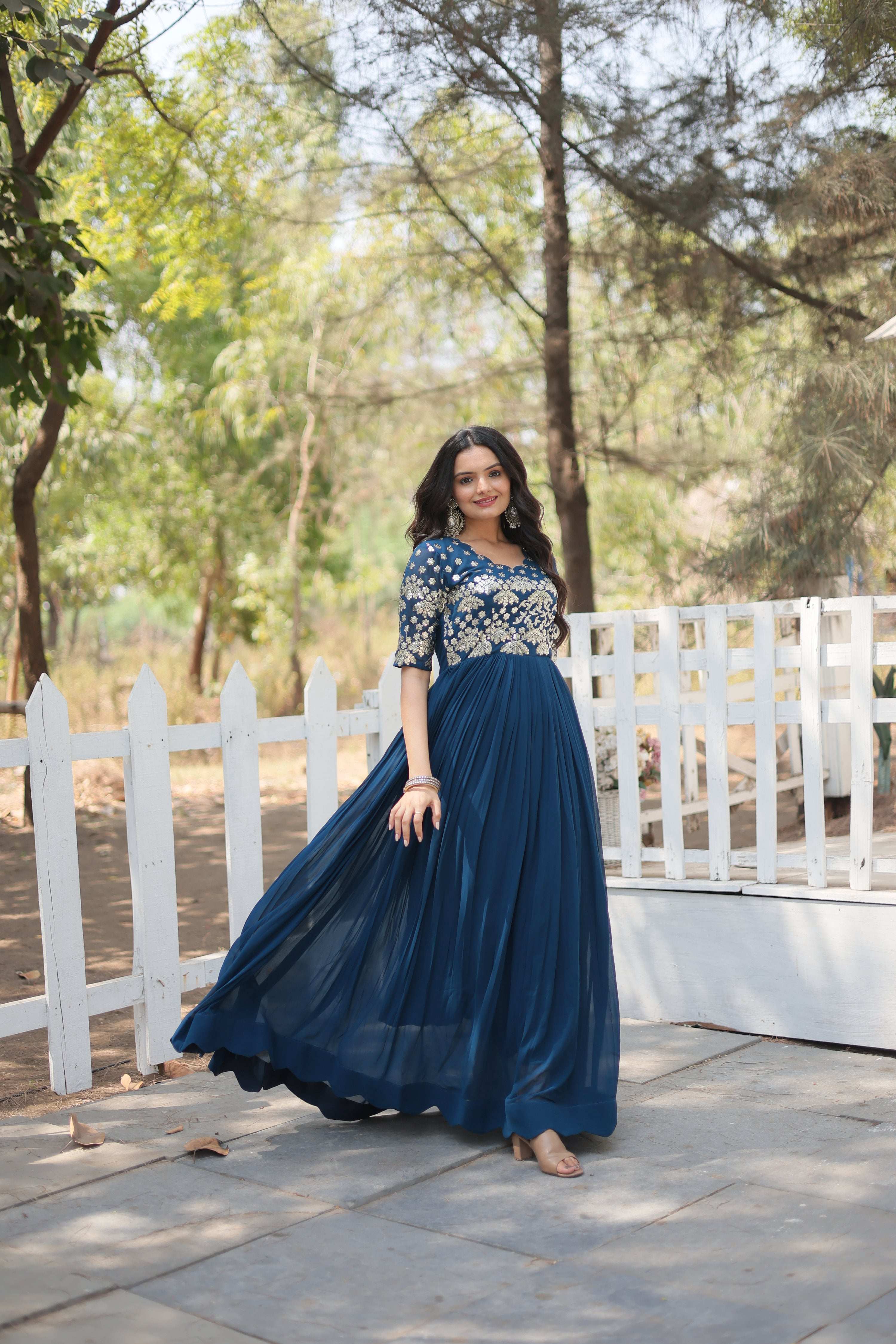 Jyoti Fashion Women's Rama Faux Blooming Sequins with Zari Embroidered Long Anarkali Dress