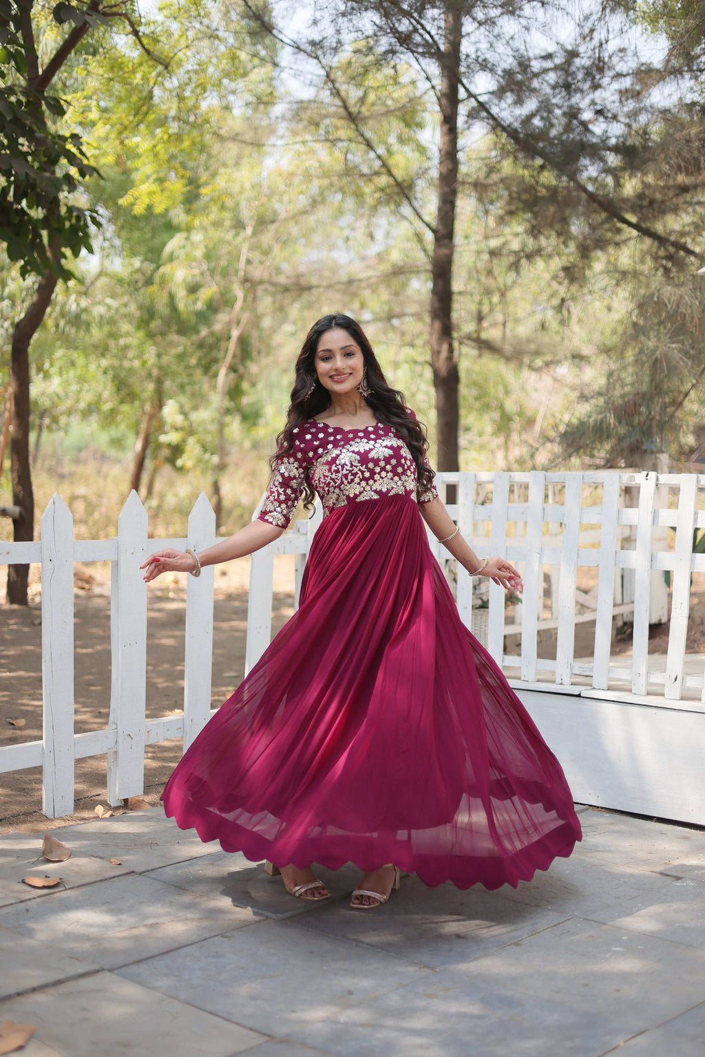 Wine Faux Blooming Sequins & Zari Embroidered Long Anarkali Dress