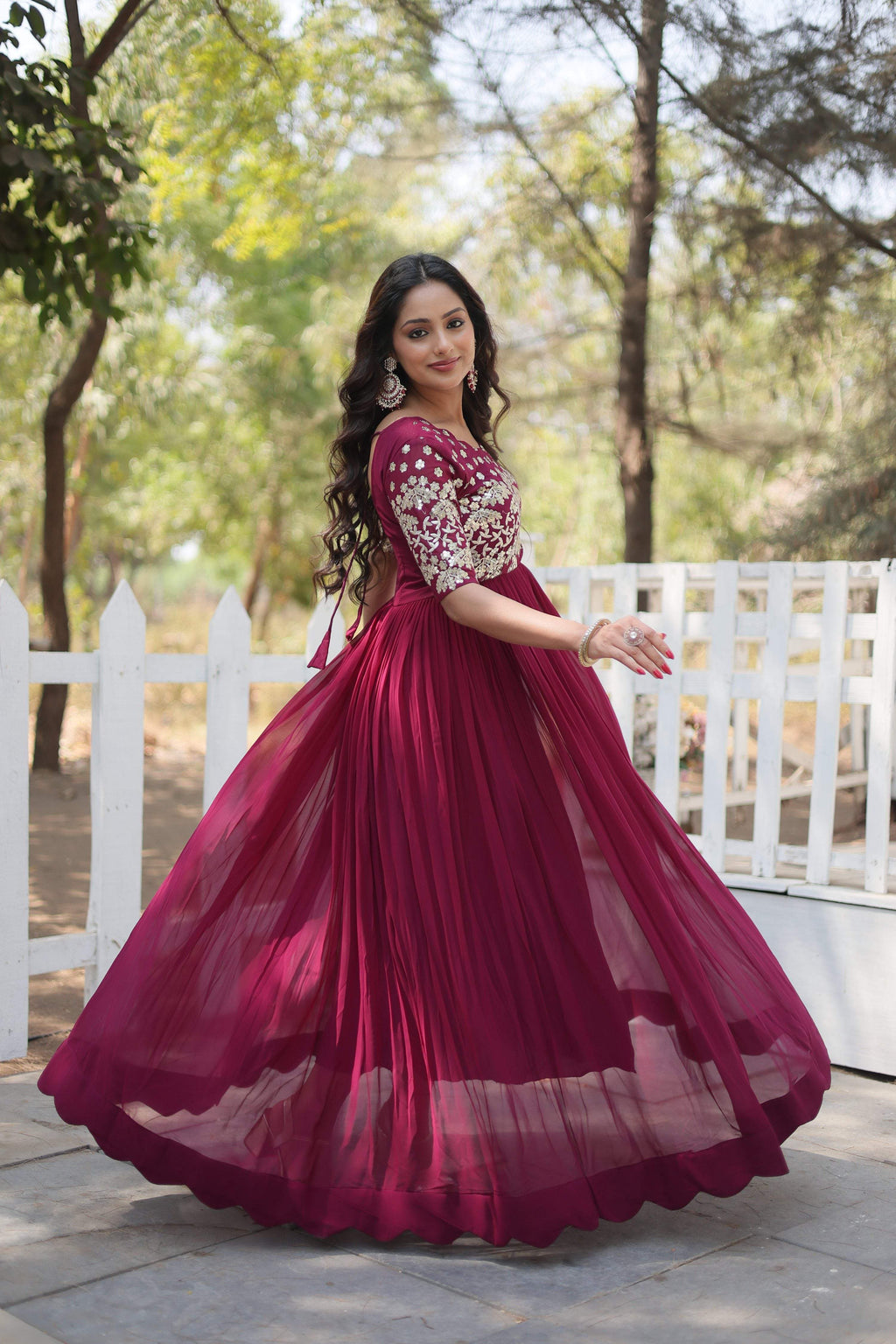 Wine Faux Blooming Sequins & Zari Embroidered Long Anarkali Dress