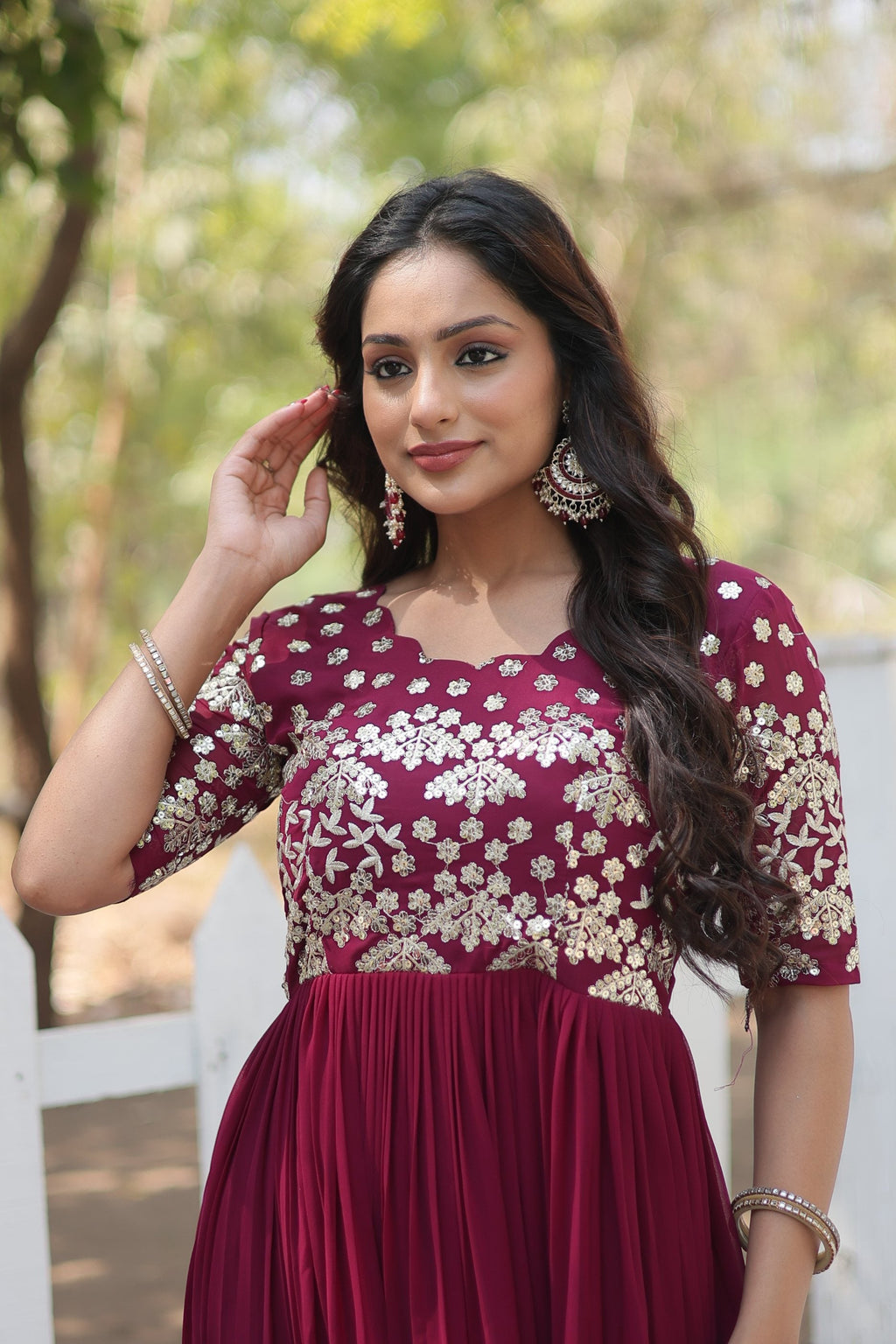 Wine Faux Blooming Sequins & Zari Embroidered Long Anarkali Dress