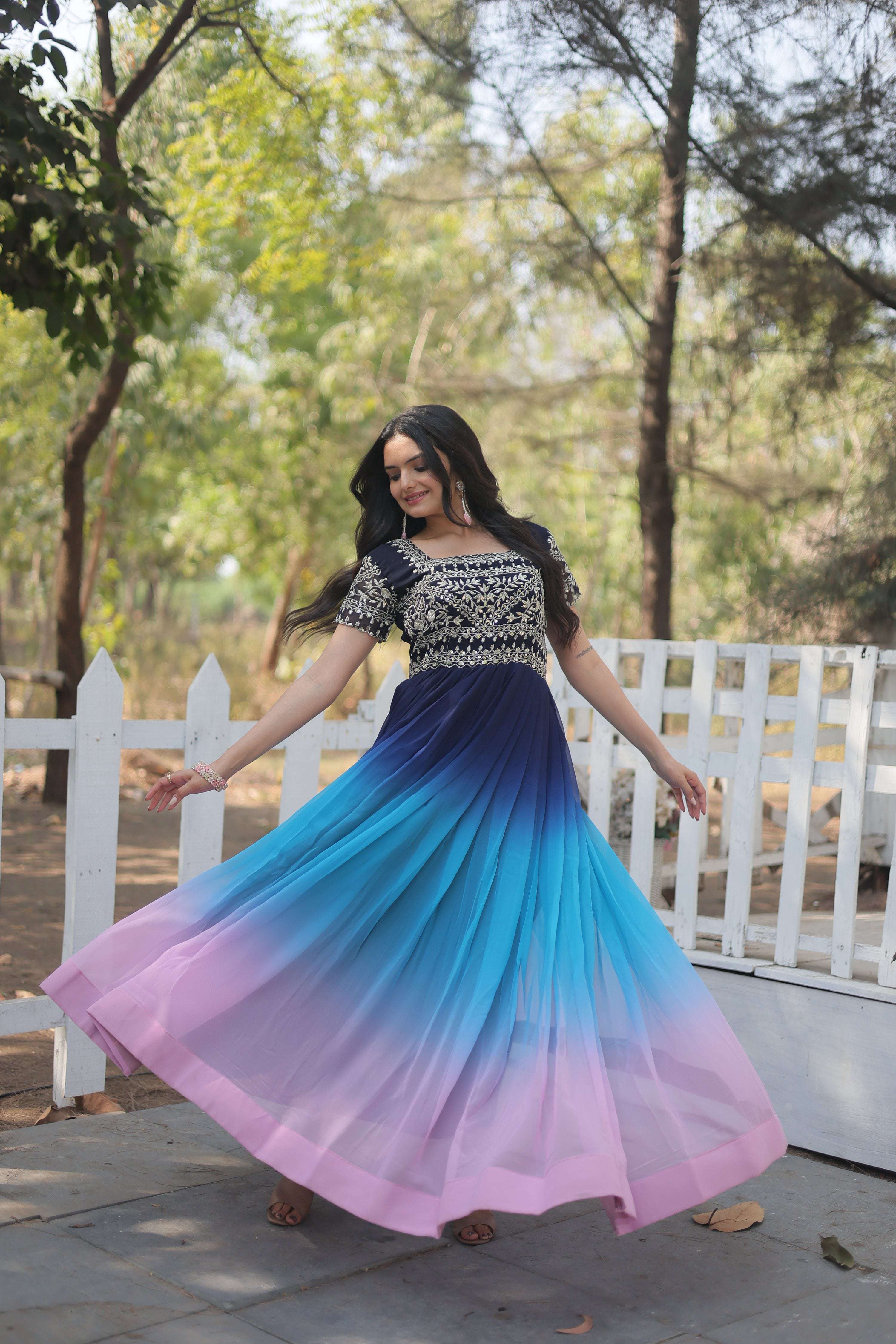 Multicolor Faux Blooming Anarkali Dress with Zari Embroidery