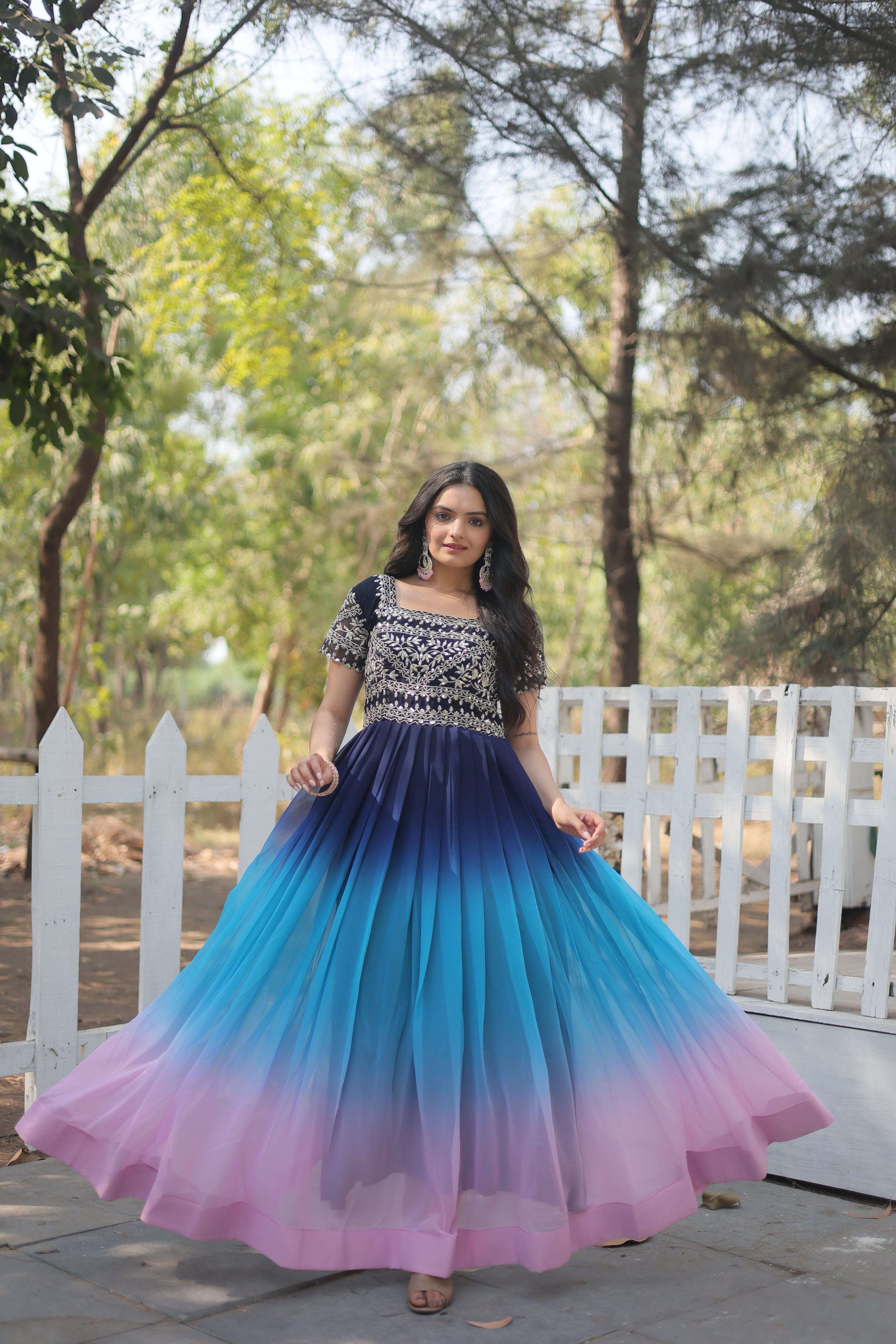 Multicolor Faux Blooming Anarkali dress with intricate Zari and sequin embroidery.