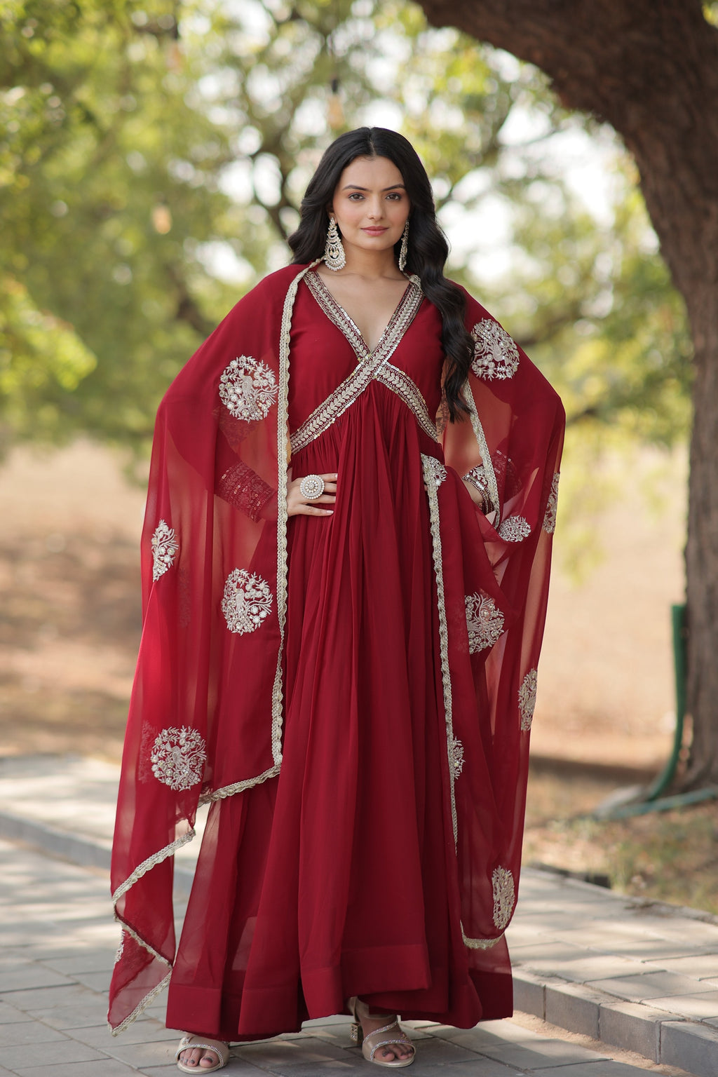 Maroon Faux Blooming Sequined Zari Embroidered Anarkali Kurta Set