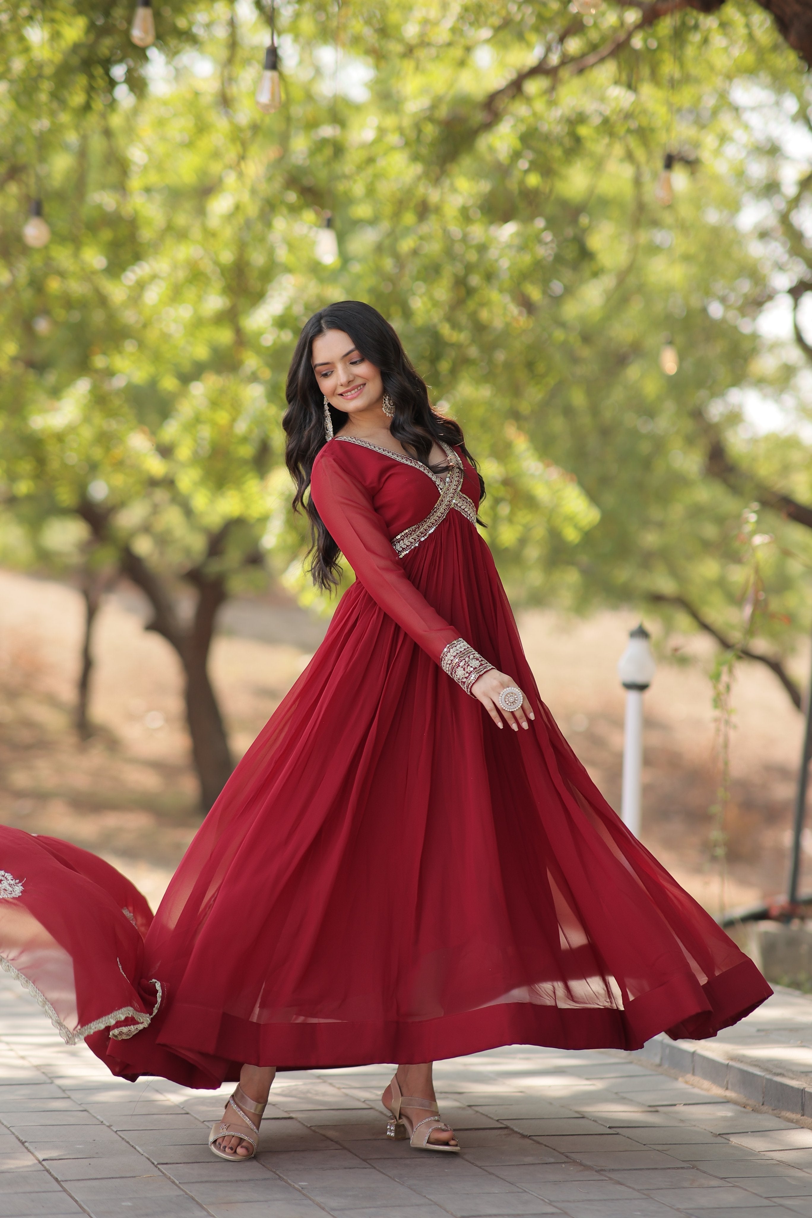 Maroon Faux Blooming Sequined Zari Embroidered Anarkali Kurta Set