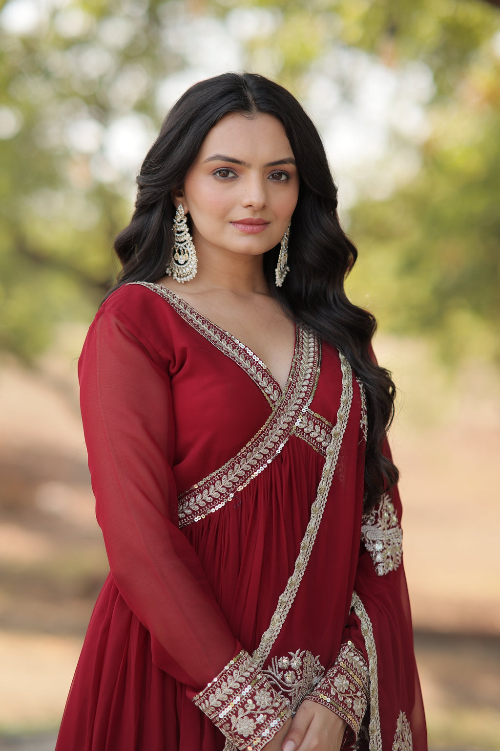 Maroon Faux Blooming Sequined Zari Embroidered Anarkali Kurta Set