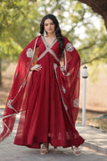 Maroon faux blooming Anarkali kurta with Zari embroidery and sequins, featuring a long flowing silhouette