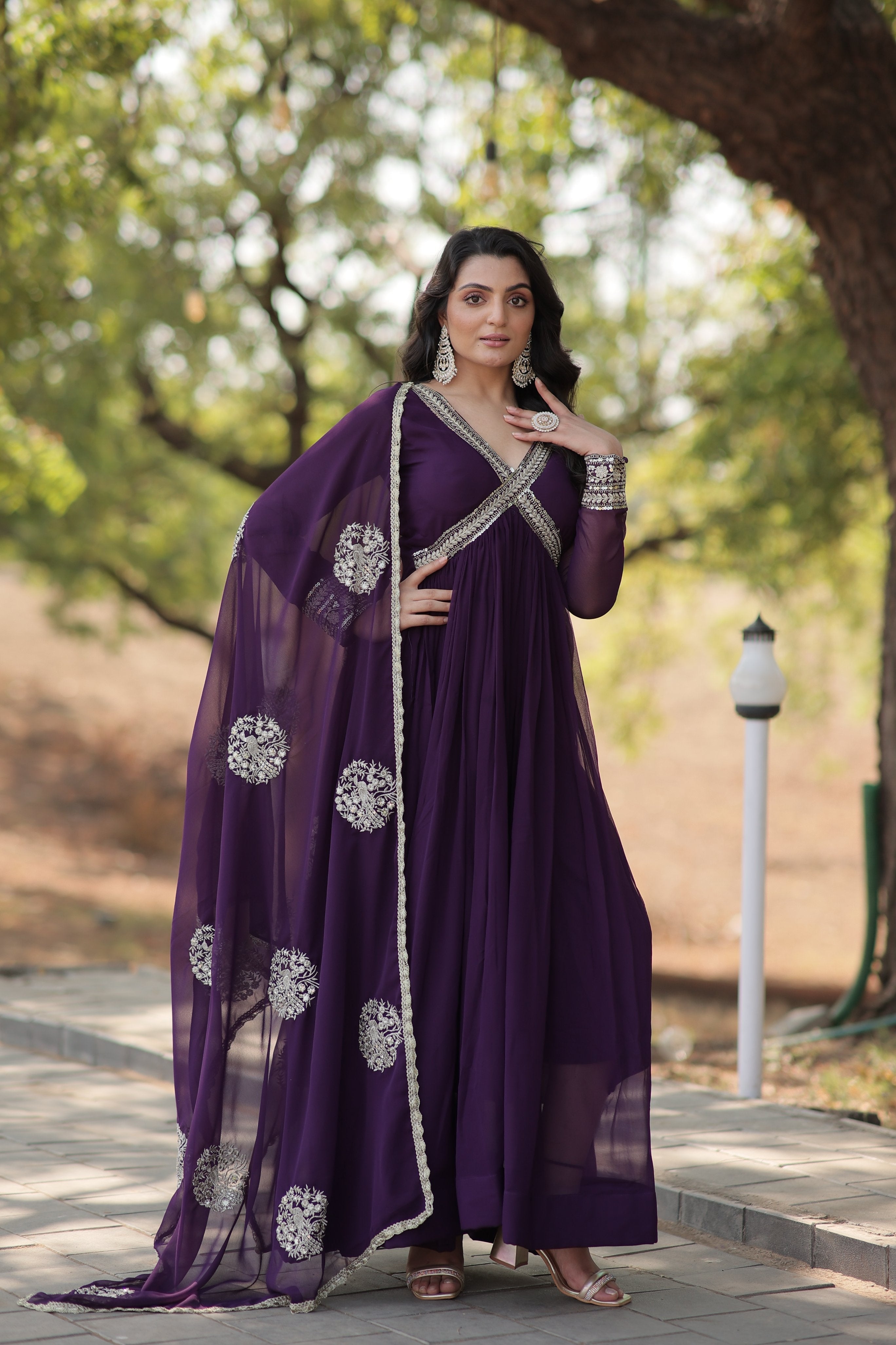 Jyoti Fashion Women's Purple Faux Blooming Sequins with Zari Embroidered Anarkali Kurta with Dupatta