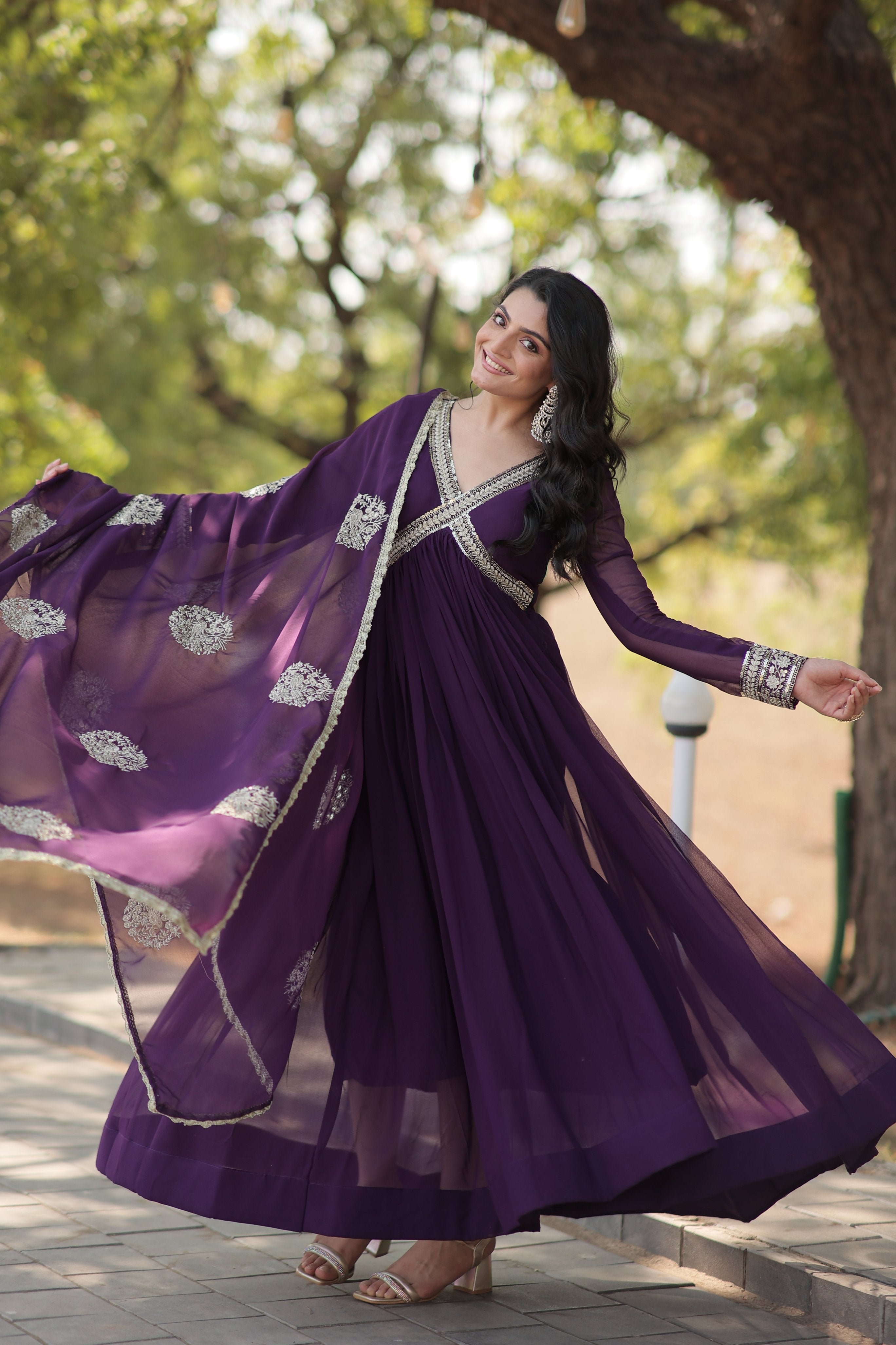 Jyoti Fashion Women's Purple Faux Blooming Sequins with Zari Embroidered Anarkali Kurta with Dupatta