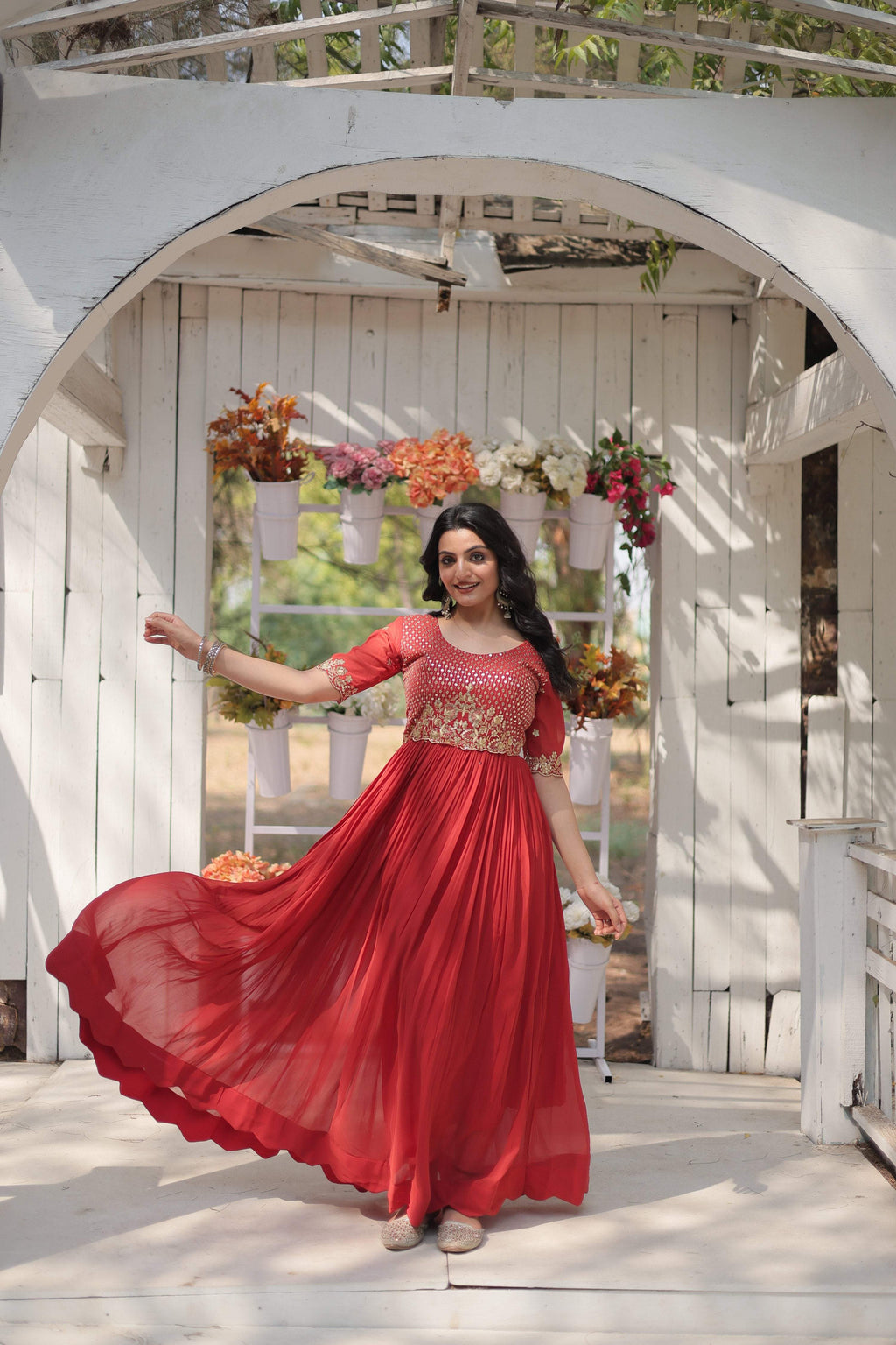 Jyoti Fashion Women's Orange Faux Blooming Sequins with Zari Embroidered Long Anarkali Dress