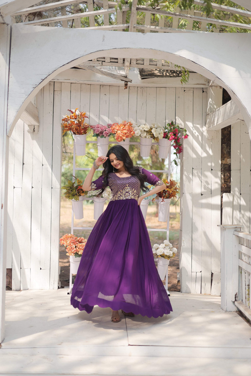 Purple Faux Blooming Anarkali Dress with Zari Embroidery