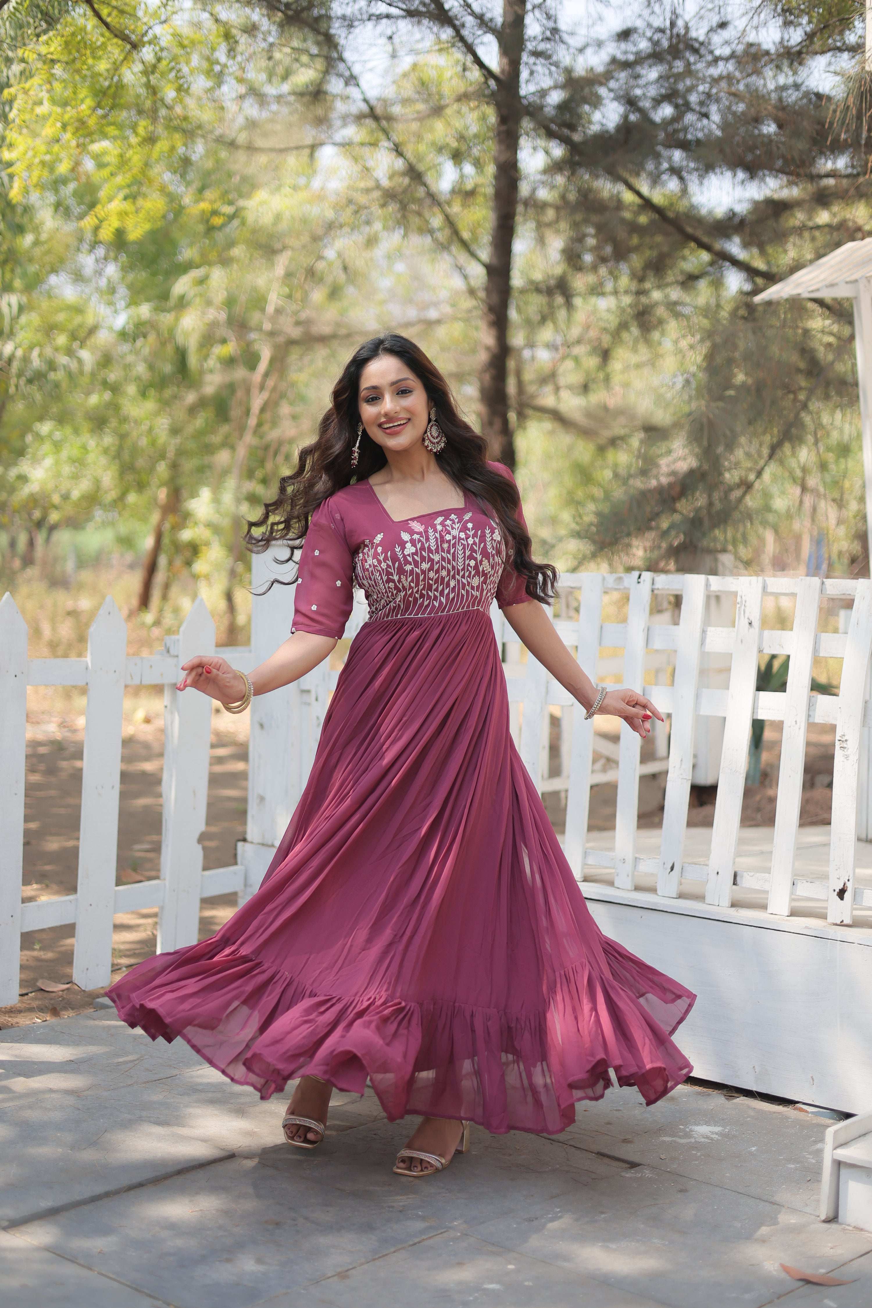 Onion Faux Georgette Sequins Zari Embroidered Anarkali Dress
