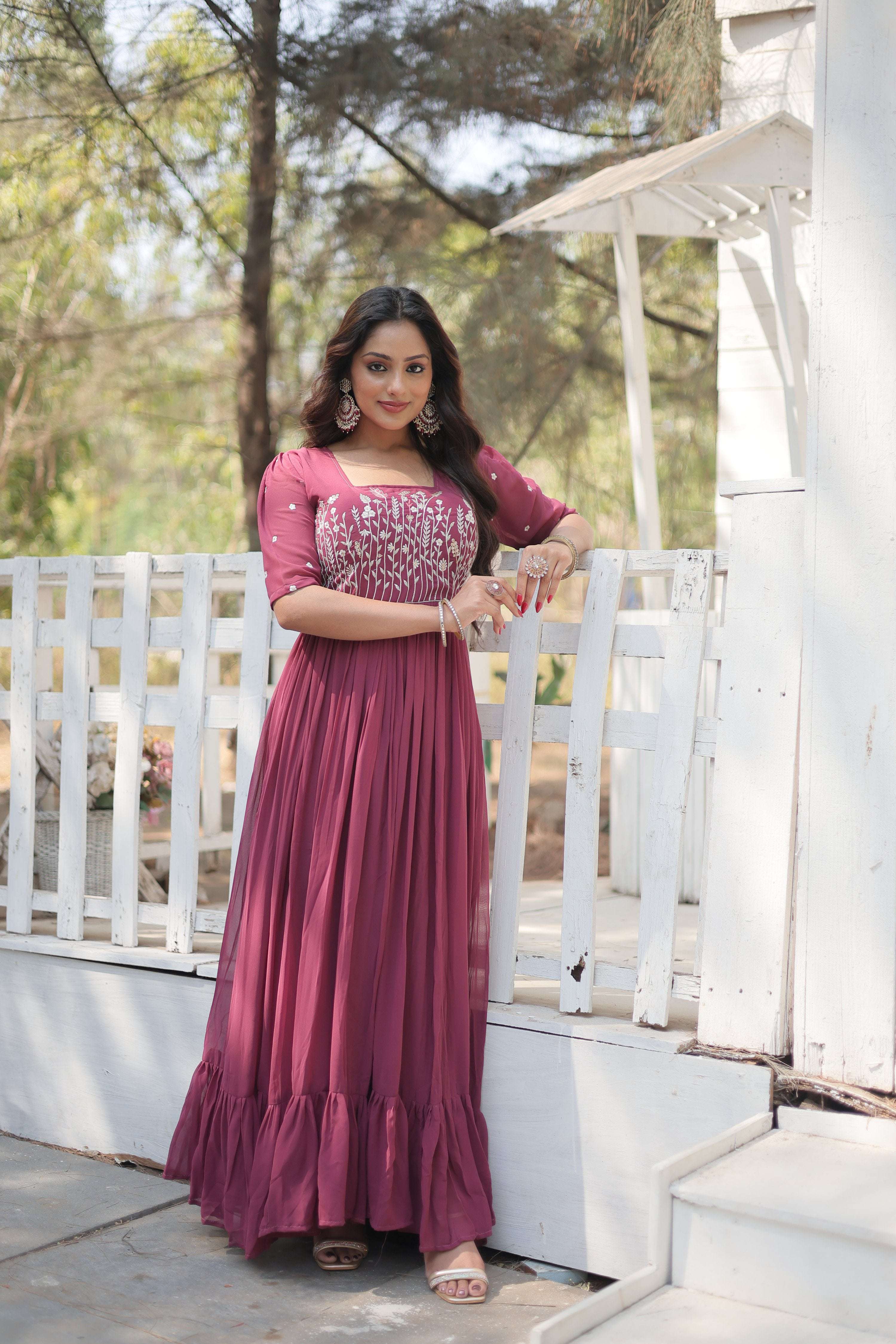 Onion Faux Georgette Sequins Zari Embroidered Anarkali Dress
