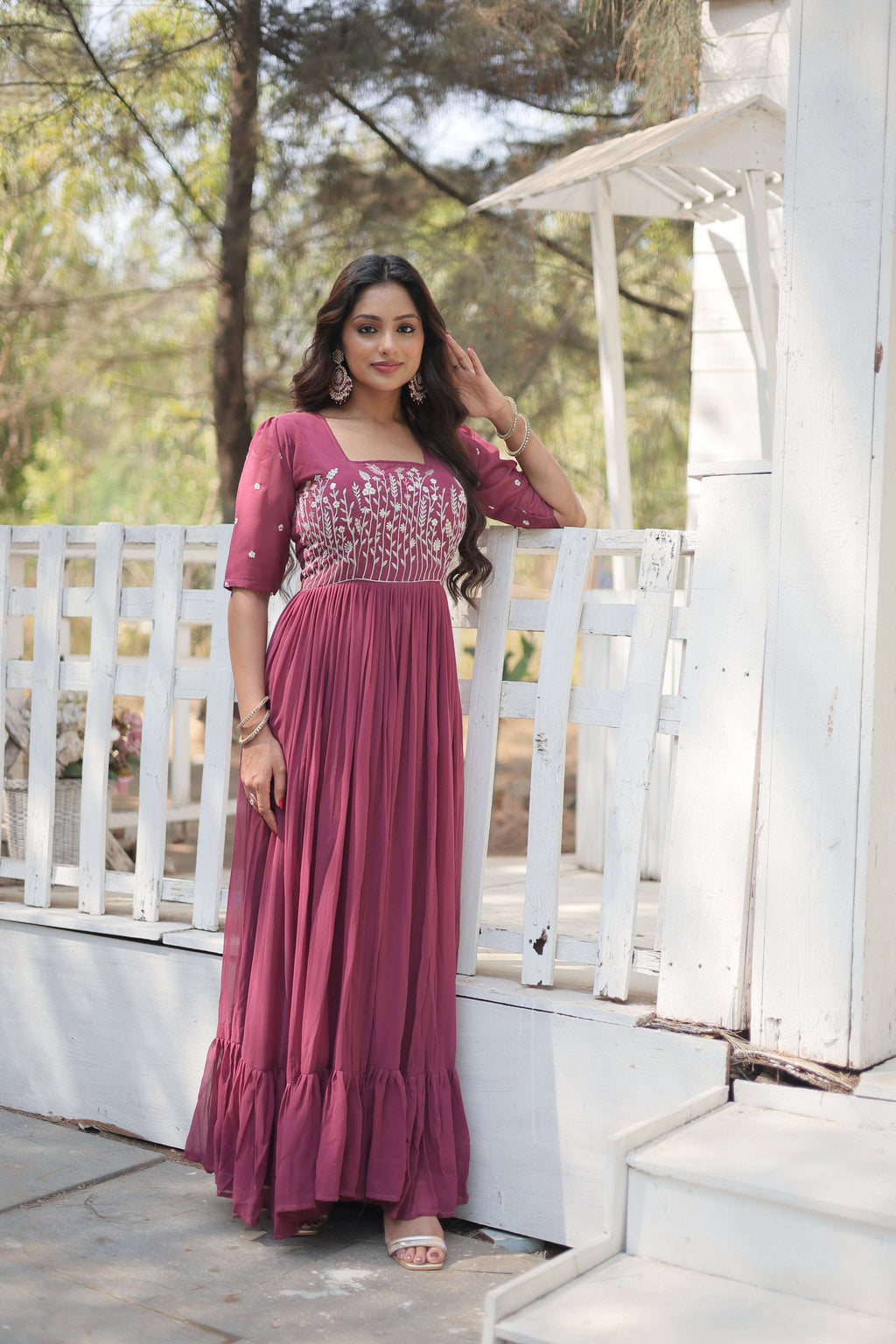Onion Faux Georgette Sequins Zari Embroidered Anarkali Dress