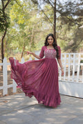 Onion colored floor-length Anarkali dress made from Faux Georgette