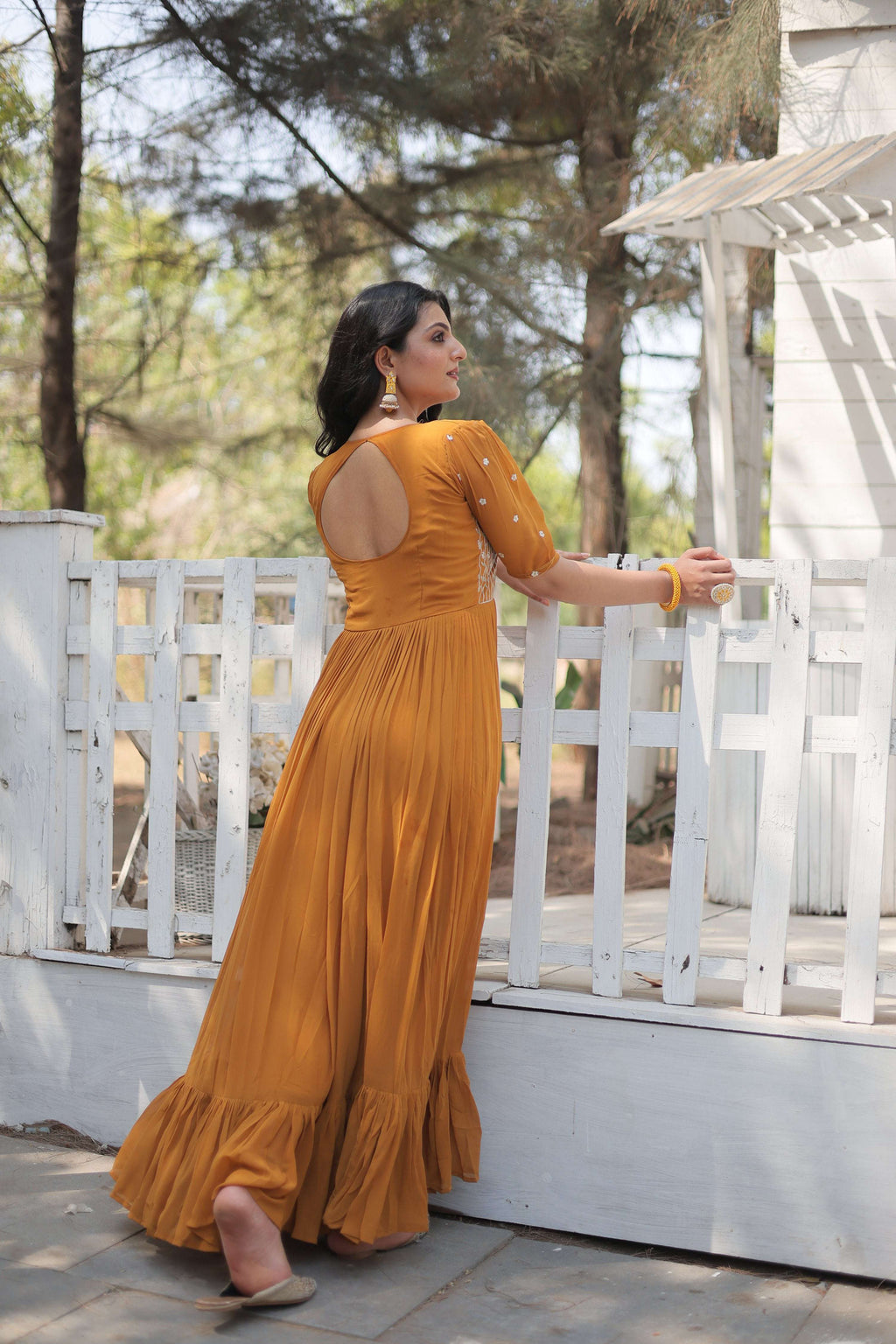 Jyoti Fashion Women's Mustard Faux Georgette Sequins with Zari Embroidered Long Anarkali Dress