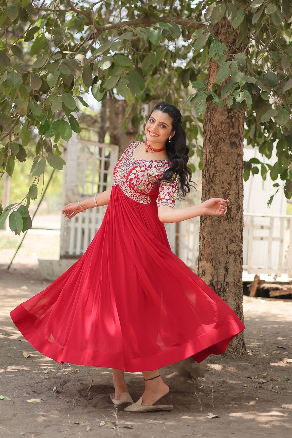Red Faux Blooming Sequins & Zari Embroidered Long Anarkali Dress
