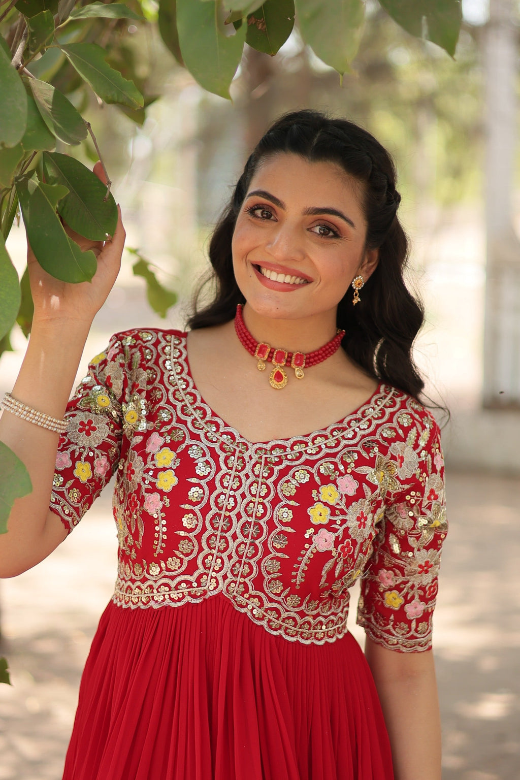 Red Faux Blooming Sequins & Zari Embroidered Long Anarkali Dress
