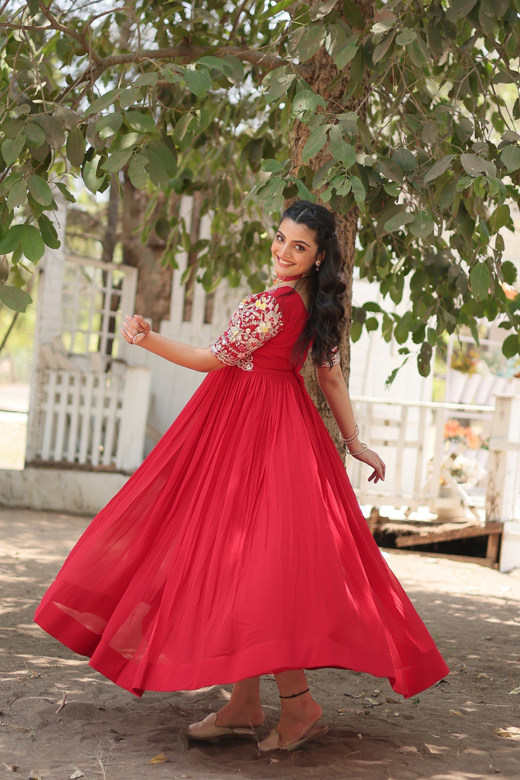 Red Faux Blooming Sequins & Zari Embroidered Long Anarkali Dress
