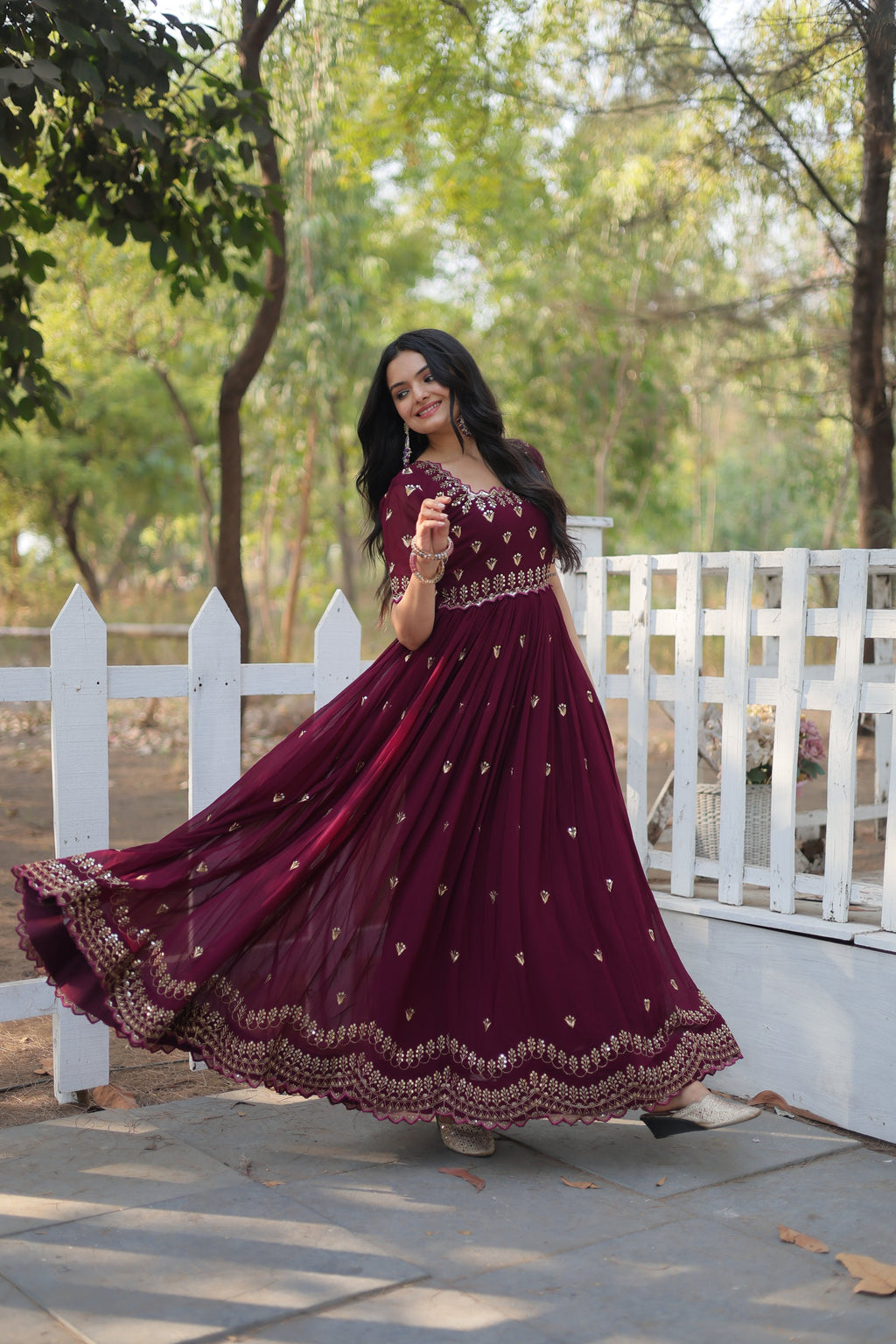 Jyoti Fashion Women's Wine Faux Blooming Sequins with Zari Embroidered Long Anarkali Dress