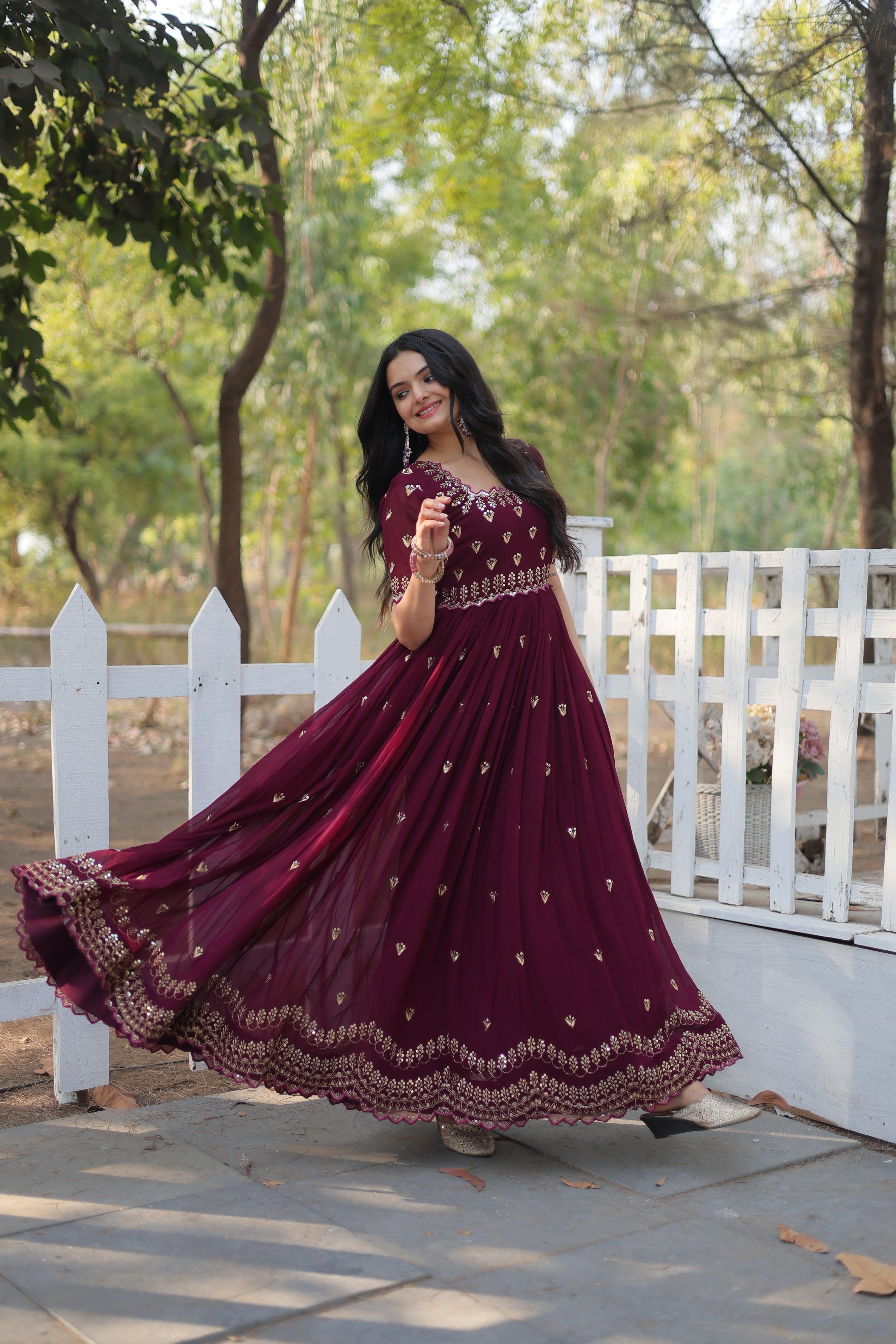 Jyoti Fashion Women's Wine Faux Blooming Sequins with Zari Embroidered Long Anarkali Dress