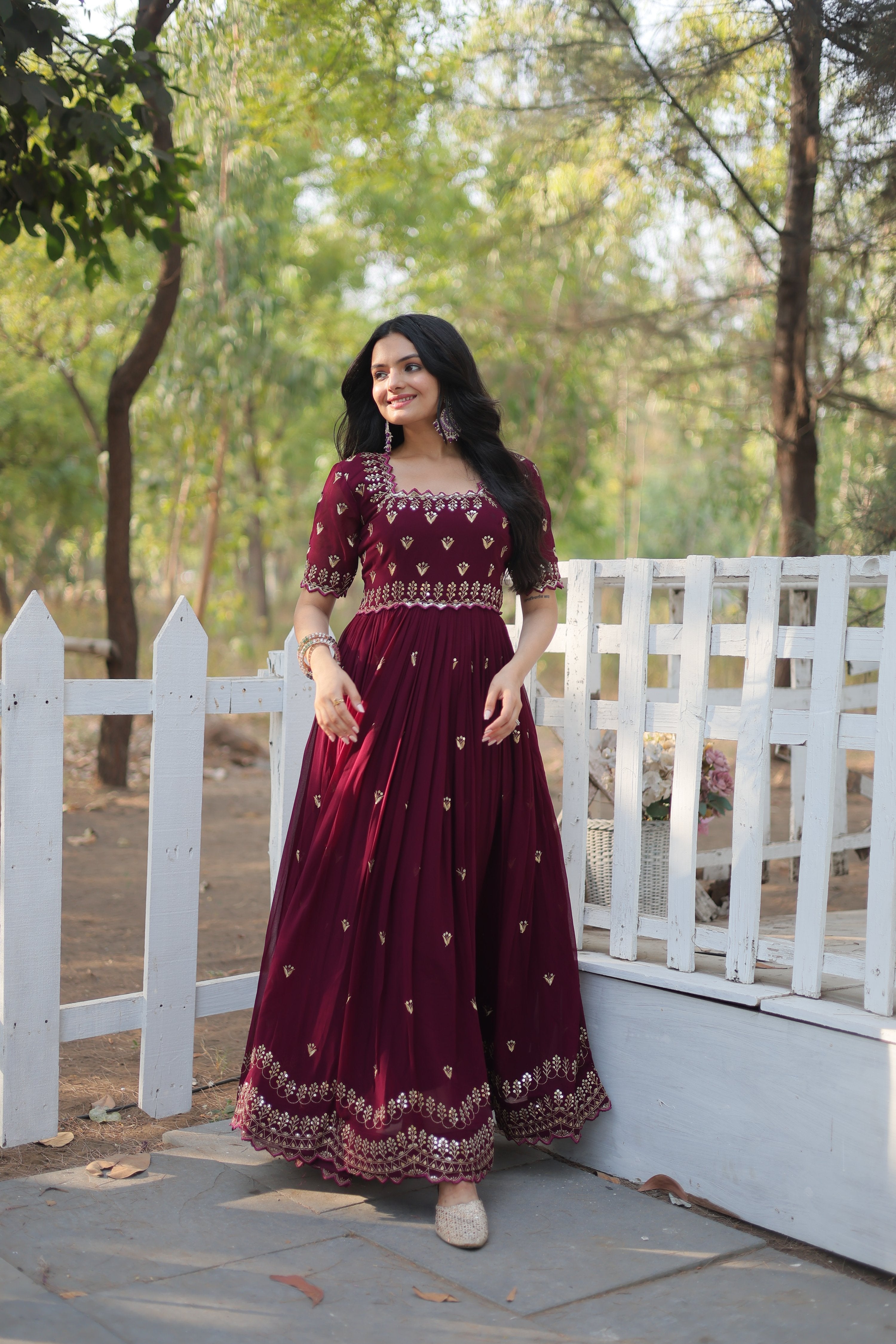 Jyoti Fashion Women's Wine Faux Blooming Sequins with Zari Embroidered Long Anarkali Dress