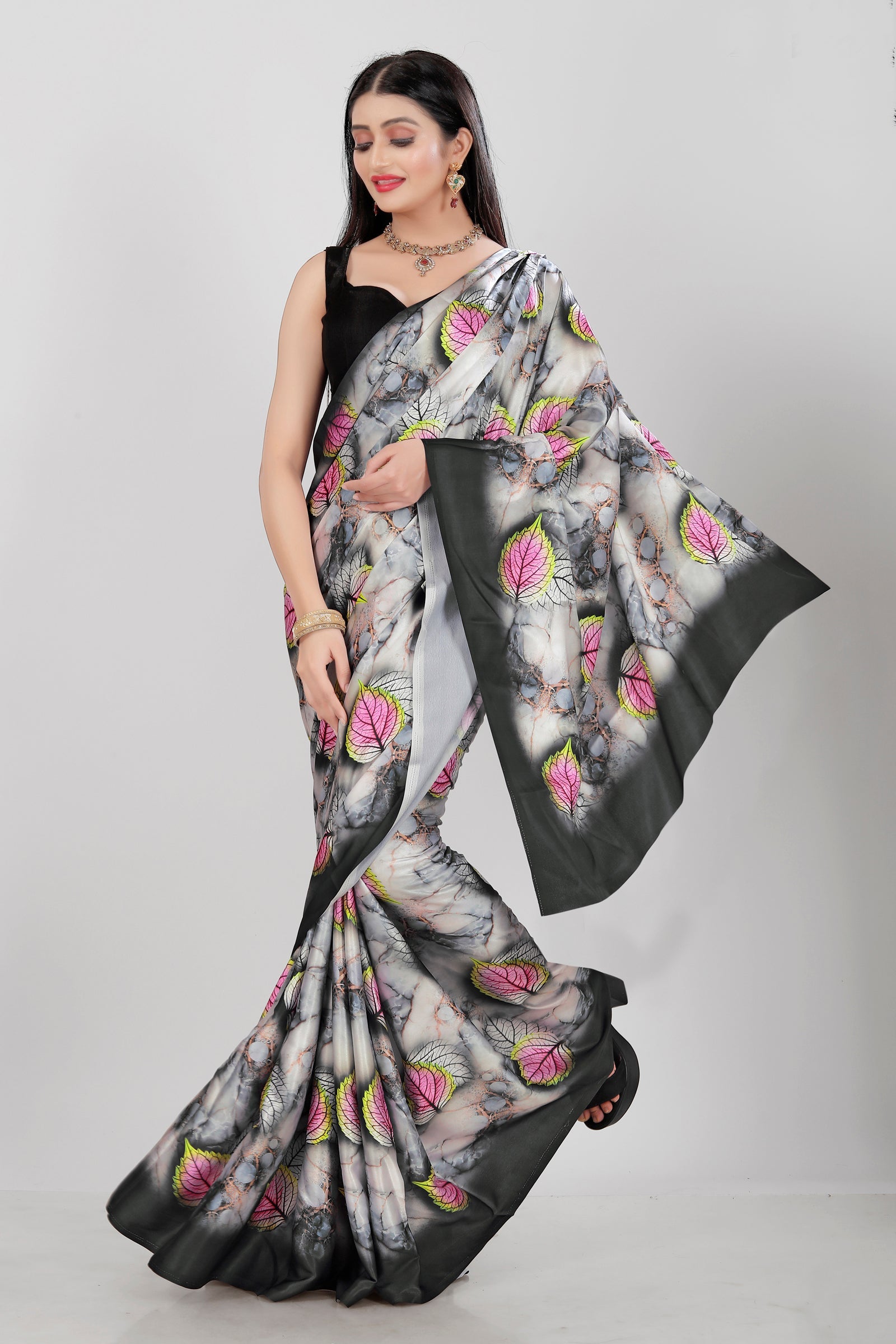 Women's Digital Printed Japan Satin Floral Saree in Grey Black Pink