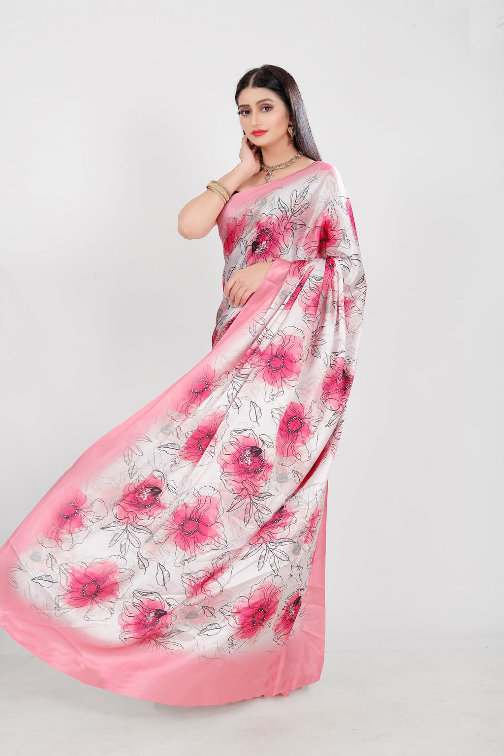 Multicolor Digital Printed Japan Satin Saree with Blouse Piece