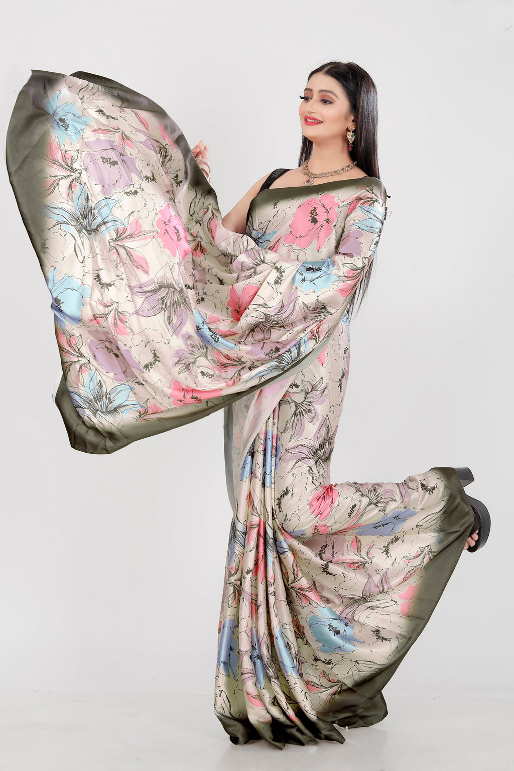 Classic floral Japan satin saree featuring off-white, olive green, pink, and light blue tones