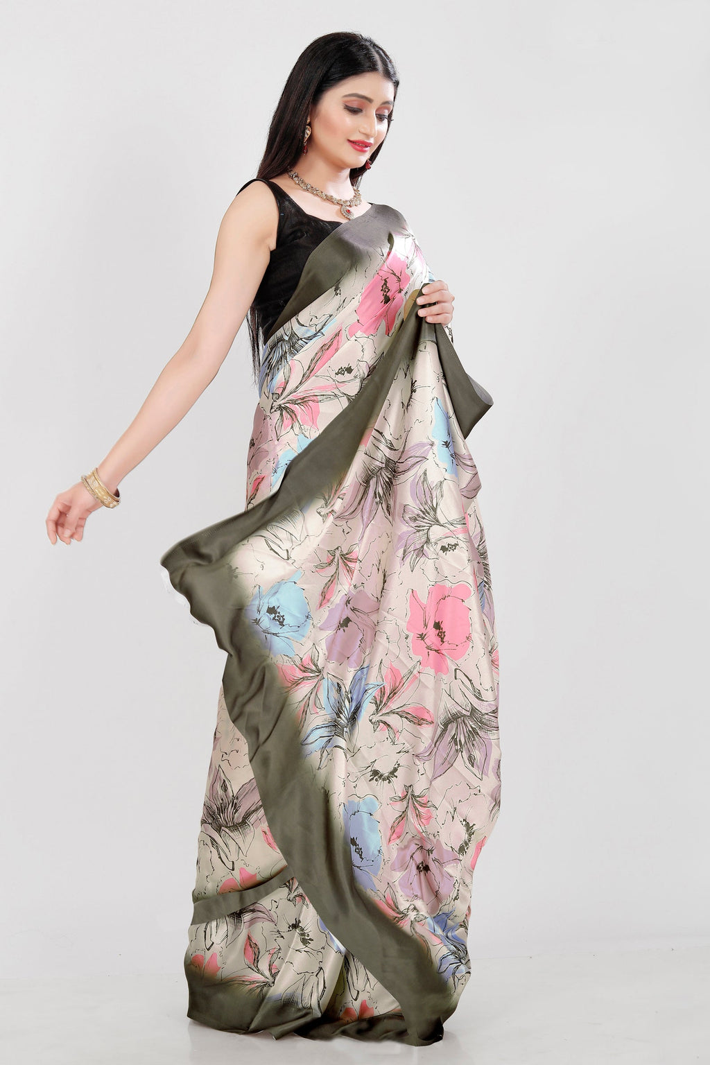 Floral Print Japan Satin Saree in Off-White Olive Pink and Blue