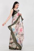 Floral Print Japan Satin Saree in Off-White Olive Pink and Blue