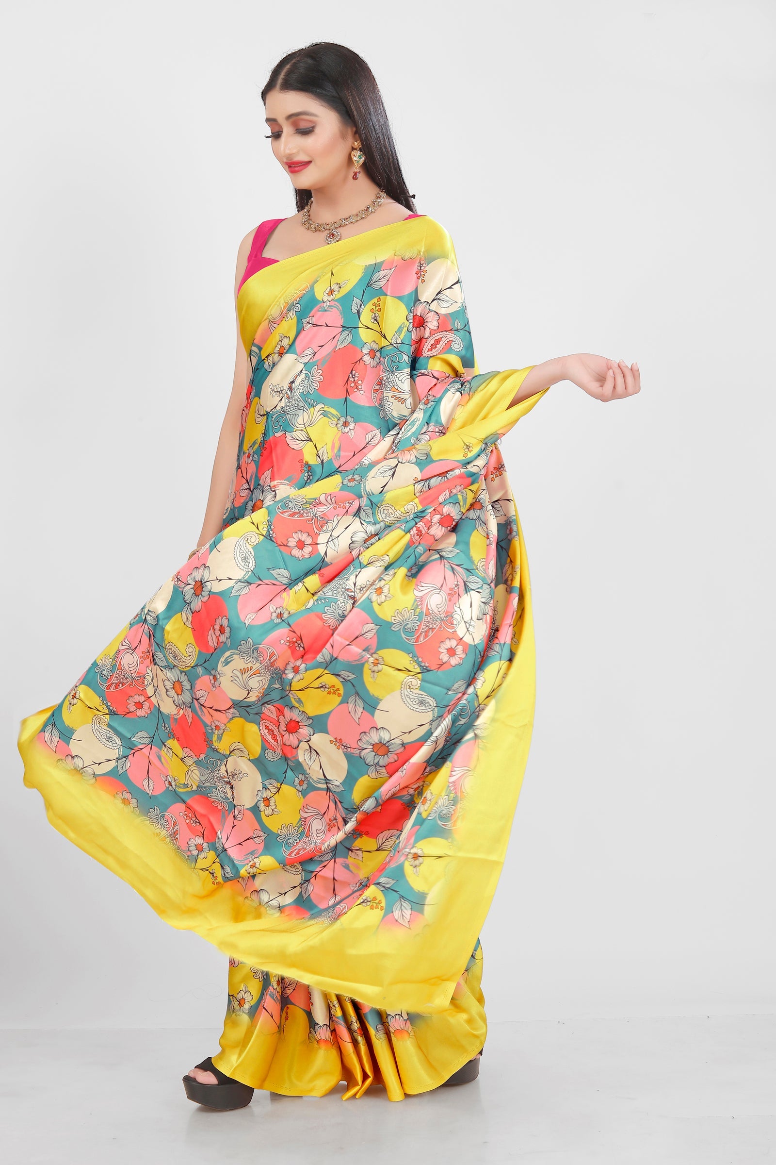 Jyoti Fashion Women's Multicolor Pure Japan Satin Digital Printed Designer Saree with Blouse