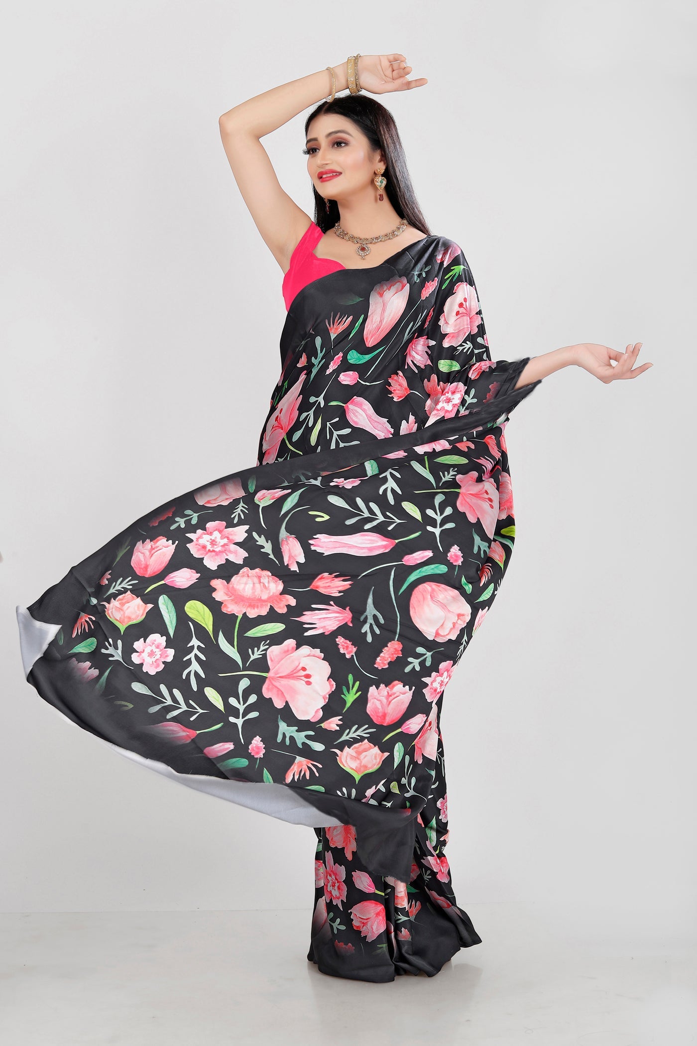 Women's Digital Printed Japan Satin Floral Saree in Black Pink Green