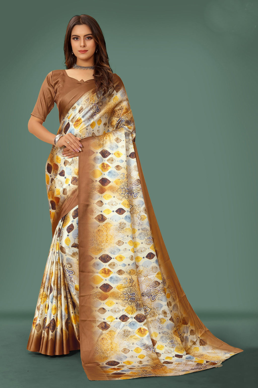 Woman wearing a Multicolor Pure Japan Satin digital printed designer saree with matching blouse