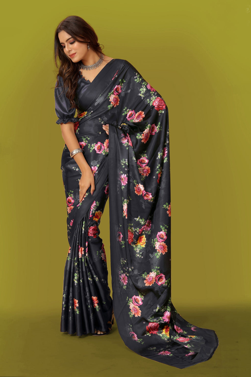 Multicolor Pure Japan Satin Digital Printed Saree with Blouse