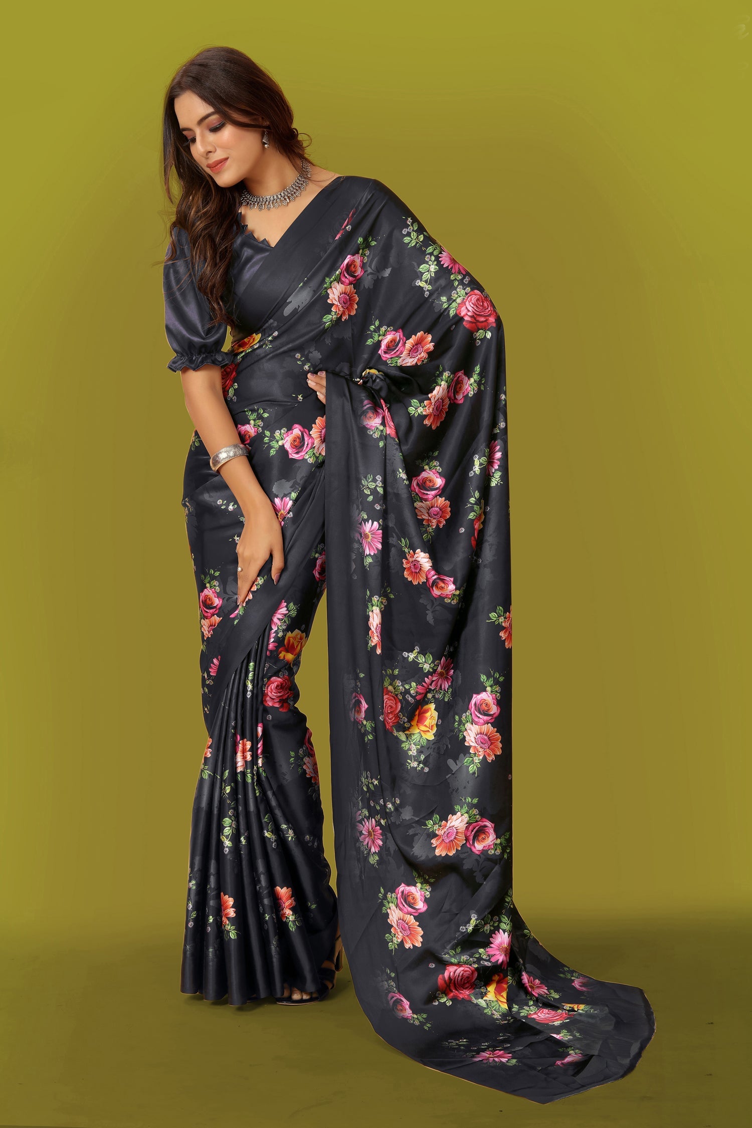 Multicolor Pure Japan Satin Digital Printed Saree with Blouse