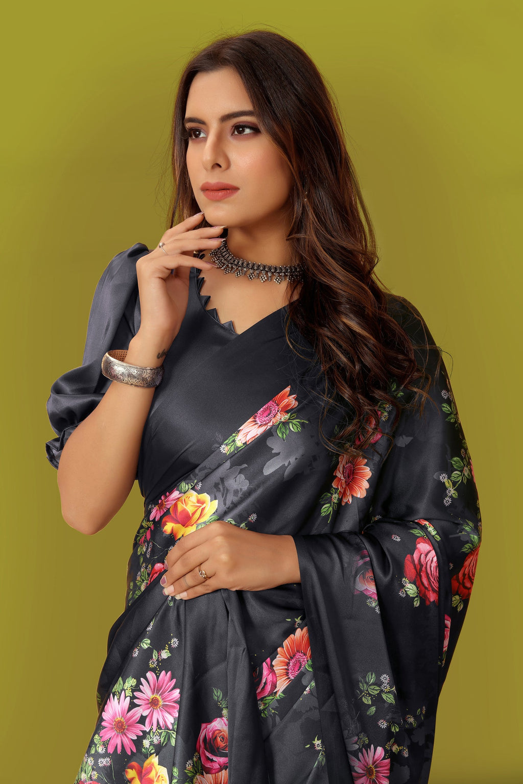 Multicolor Pure Japan Satin Digital Printed Saree with Blouse