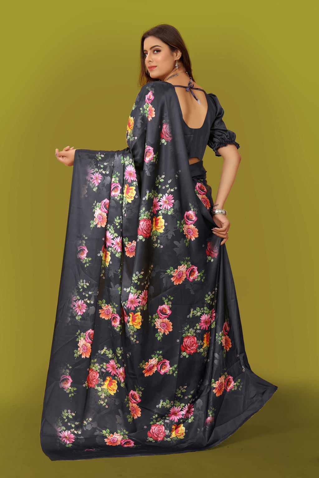 Multicolor Pure Japan Satin Digital Printed Saree with Blouse