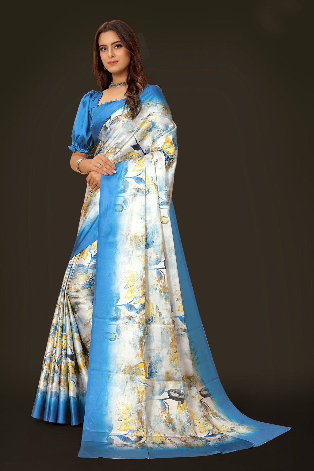Women's Floral Digital Print Japan Satin Saree in Blue White Yellow