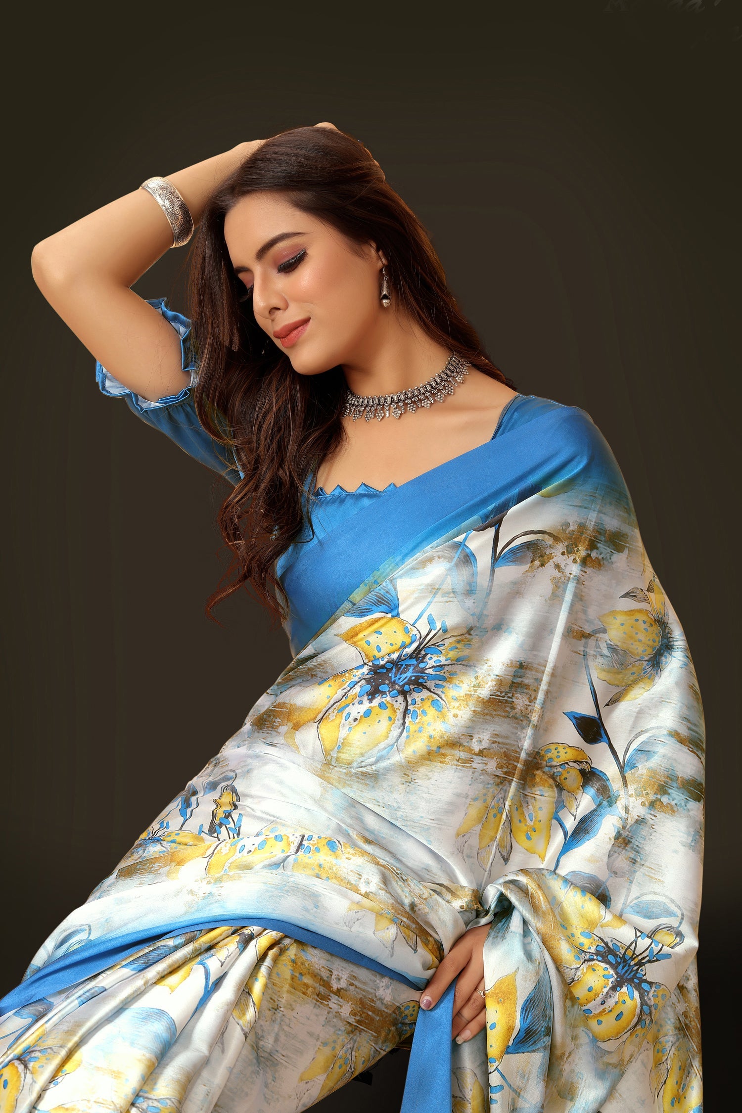 Women's Floral Digital Print Japan Satin Saree in Blue White Yellow