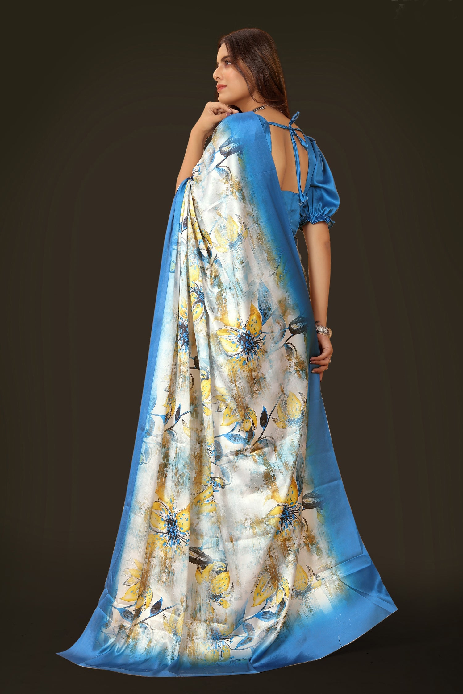 Women's Floral Digital Print Japan Satin Saree in Blue White Yellow