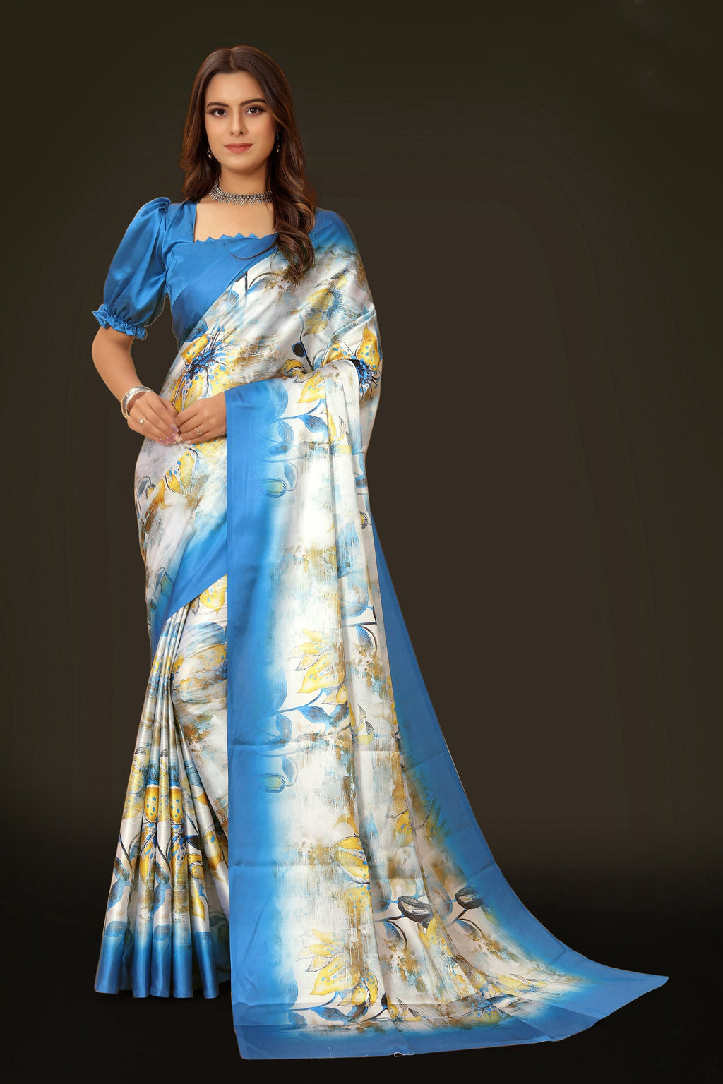 Vibrant floral print Japan satin saree in blue, white, and yellow for festive occasions