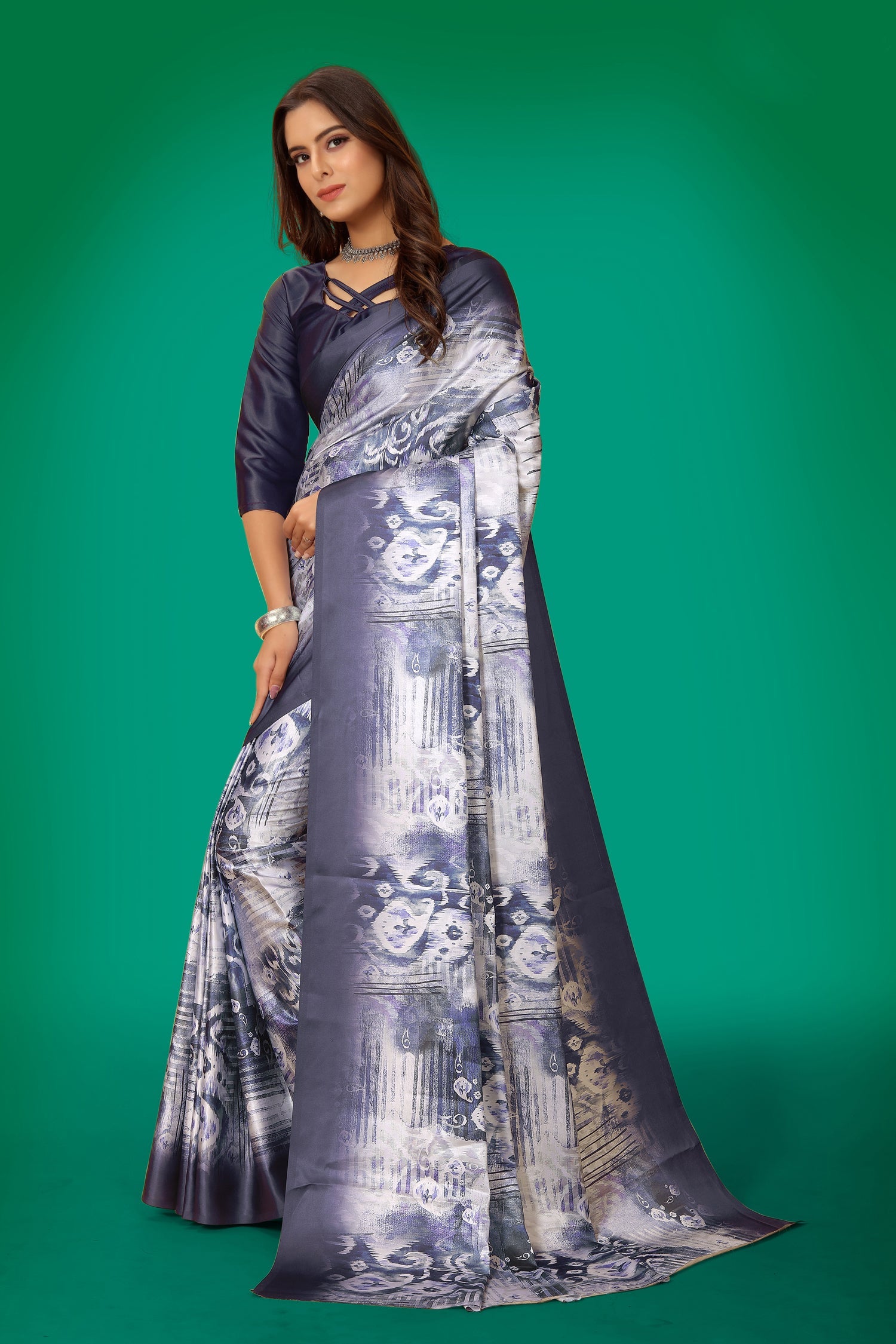 Women's Abstract Print Japan Satin Saree in Navy Blue White Grey
